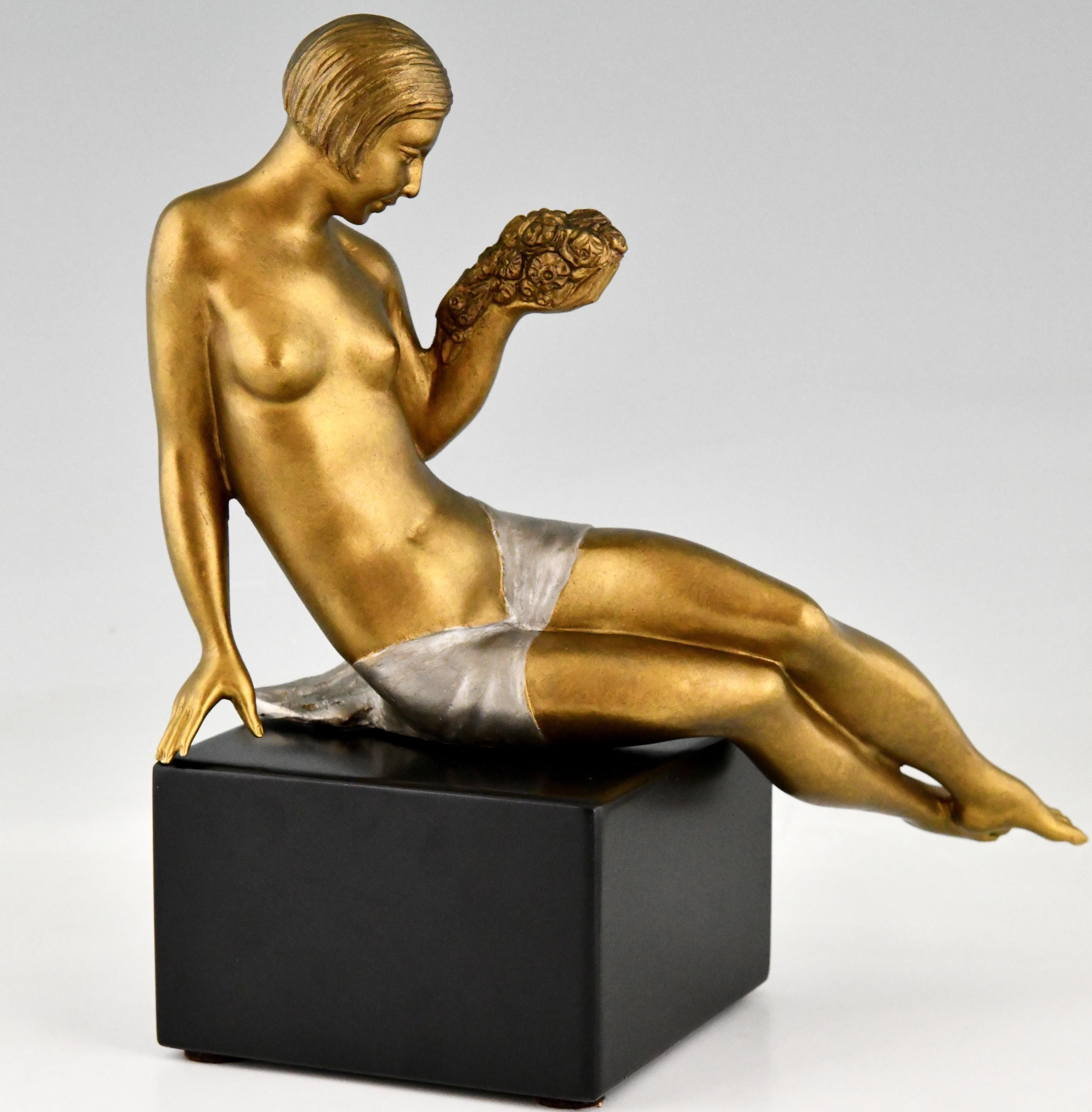 French Art Deco Bronze Sculpture Seated Nude with Flowers Joseph Gauthier, France, 1930