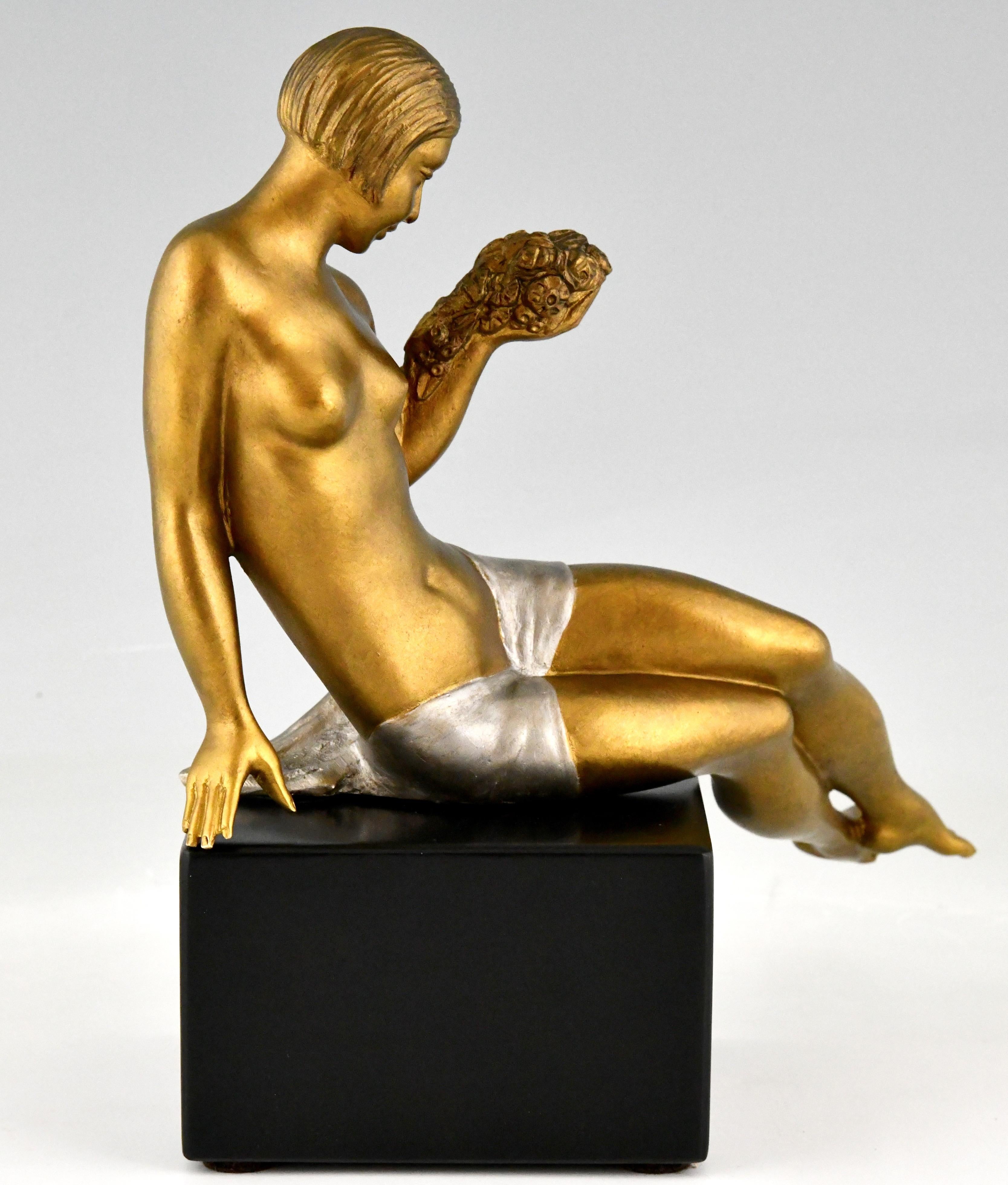 Patinated Art Deco Bronze Sculpture Seated Nude with Flowers Joseph Gauthier, France, 1930