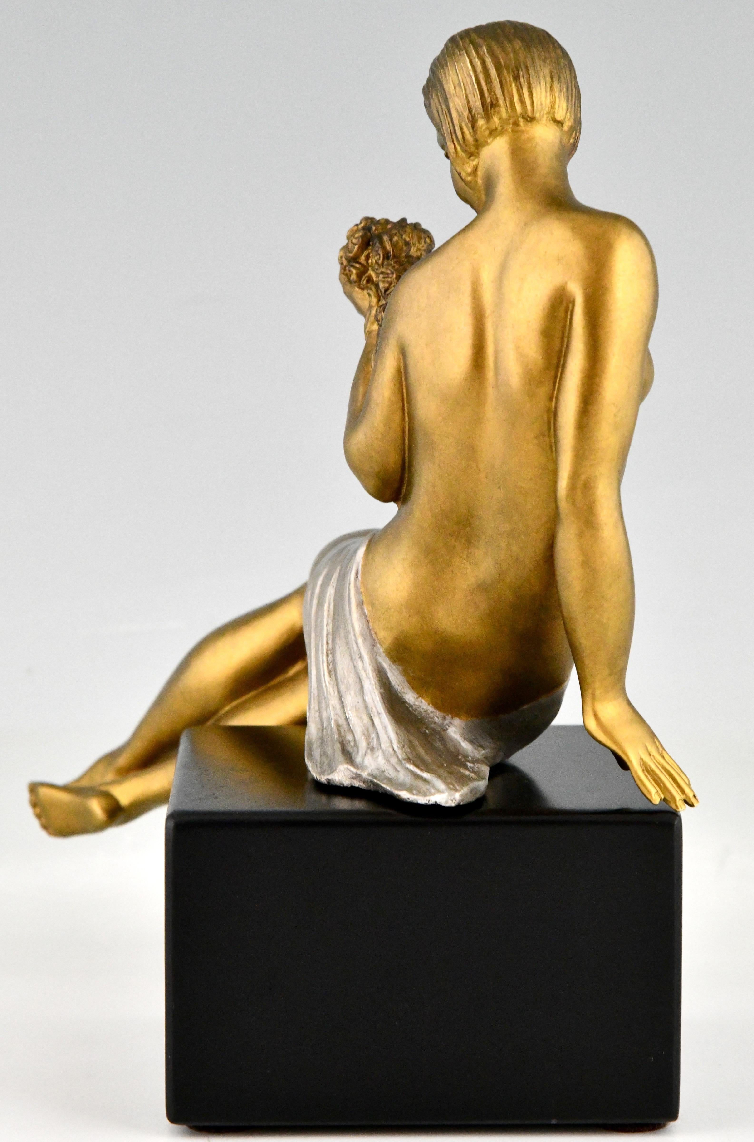 Mid-20th Century Art Deco Bronze Sculpture Seated Nude with Flowers Joseph Gauthier, France, 1930