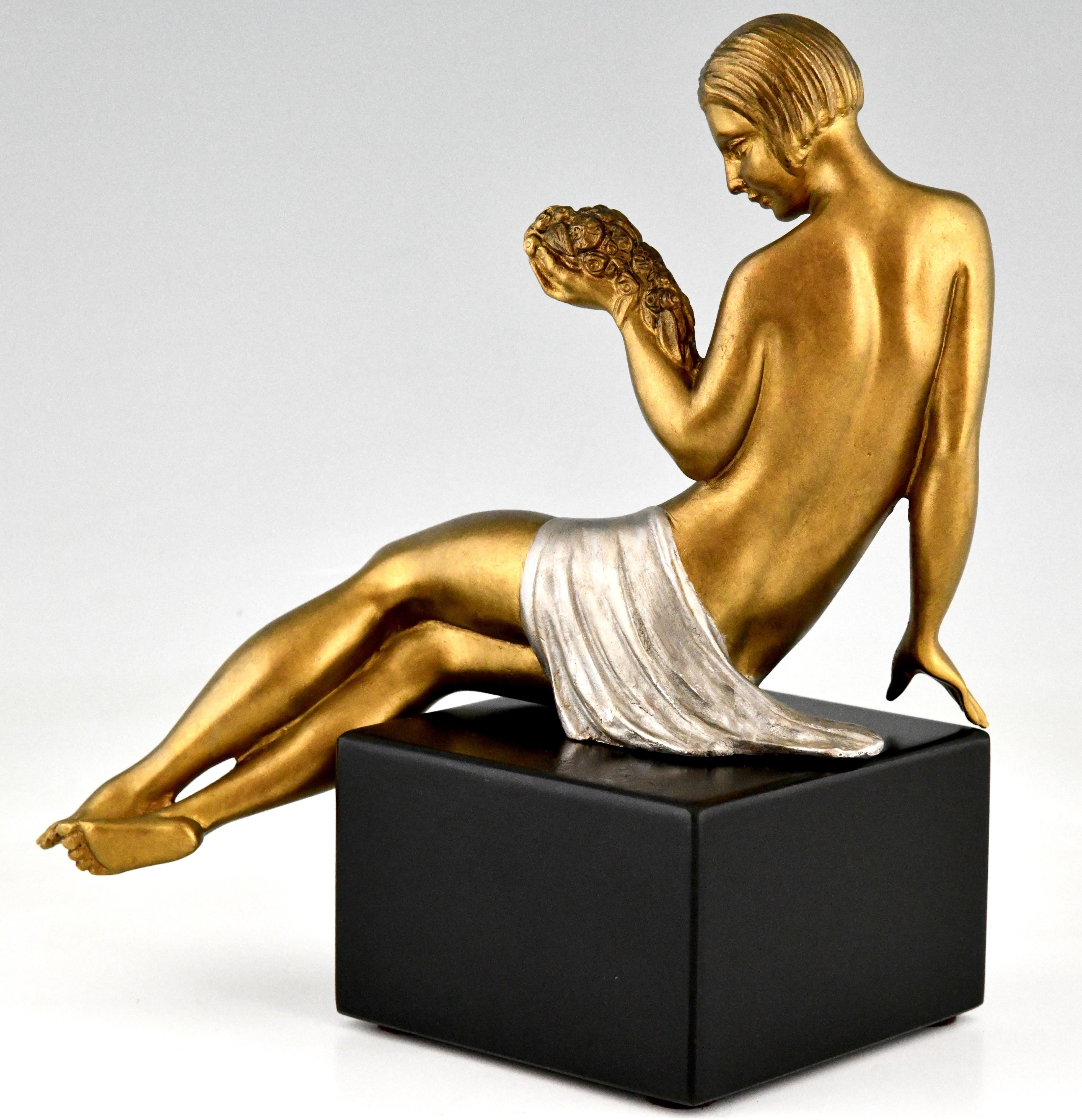 Art Deco Bronze Sculpture Seated Nude with Flowers Joseph Gauthier, France, 1930 1
