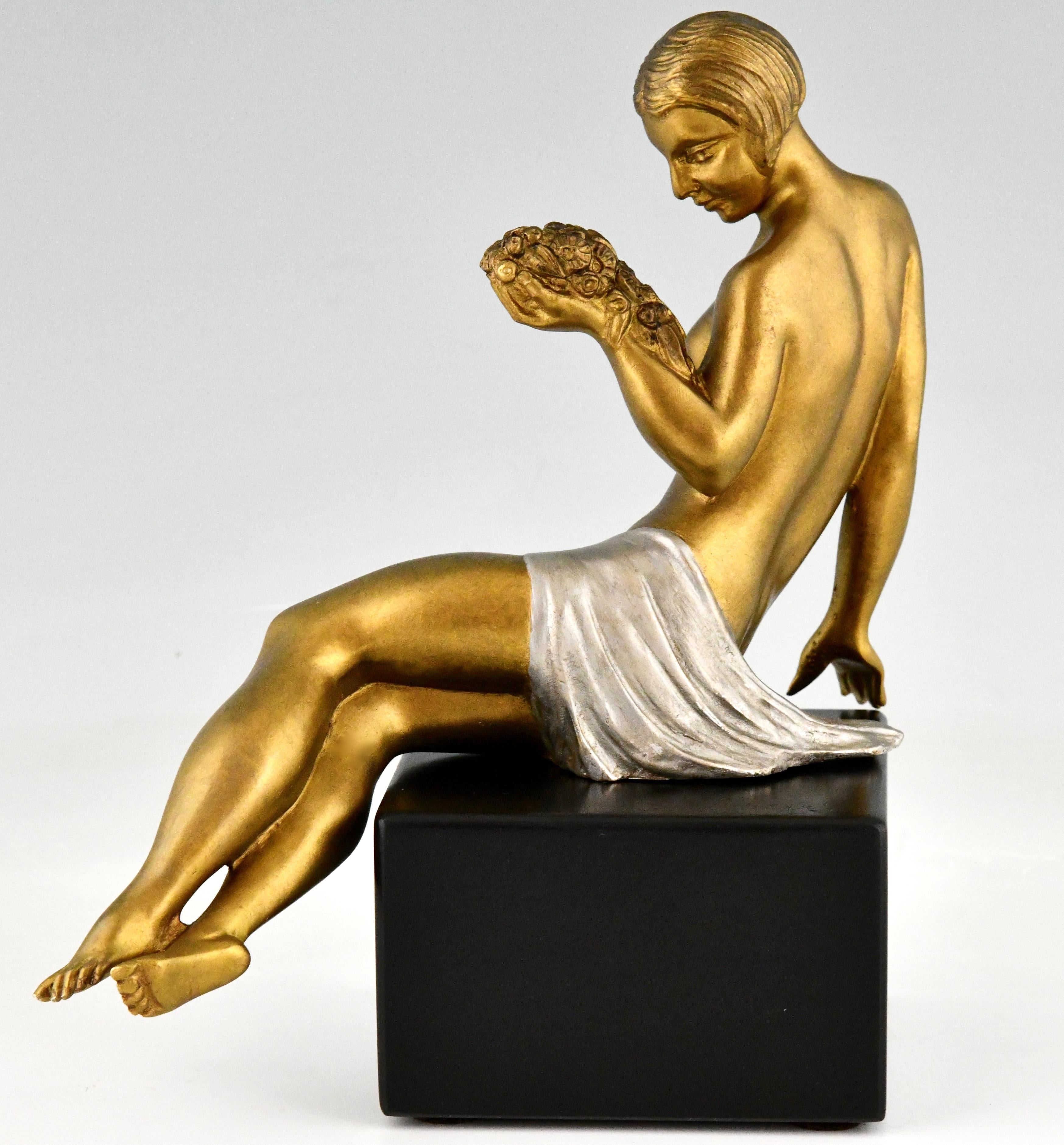 Art Deco Bronze Sculpture Seated Nude with Flowers Joseph Gauthier, France, 1930 2