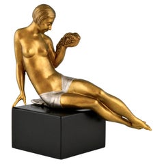 Art Deco Bronze Sculpture Seated Nude with Flowers Joseph Gauthier, France, 1930