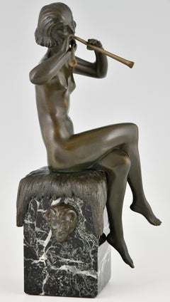 Bronzeskulptur im Art déco-Stil, sitzender Akt mit Flöten von Matto Marcel Bouraine, 1930