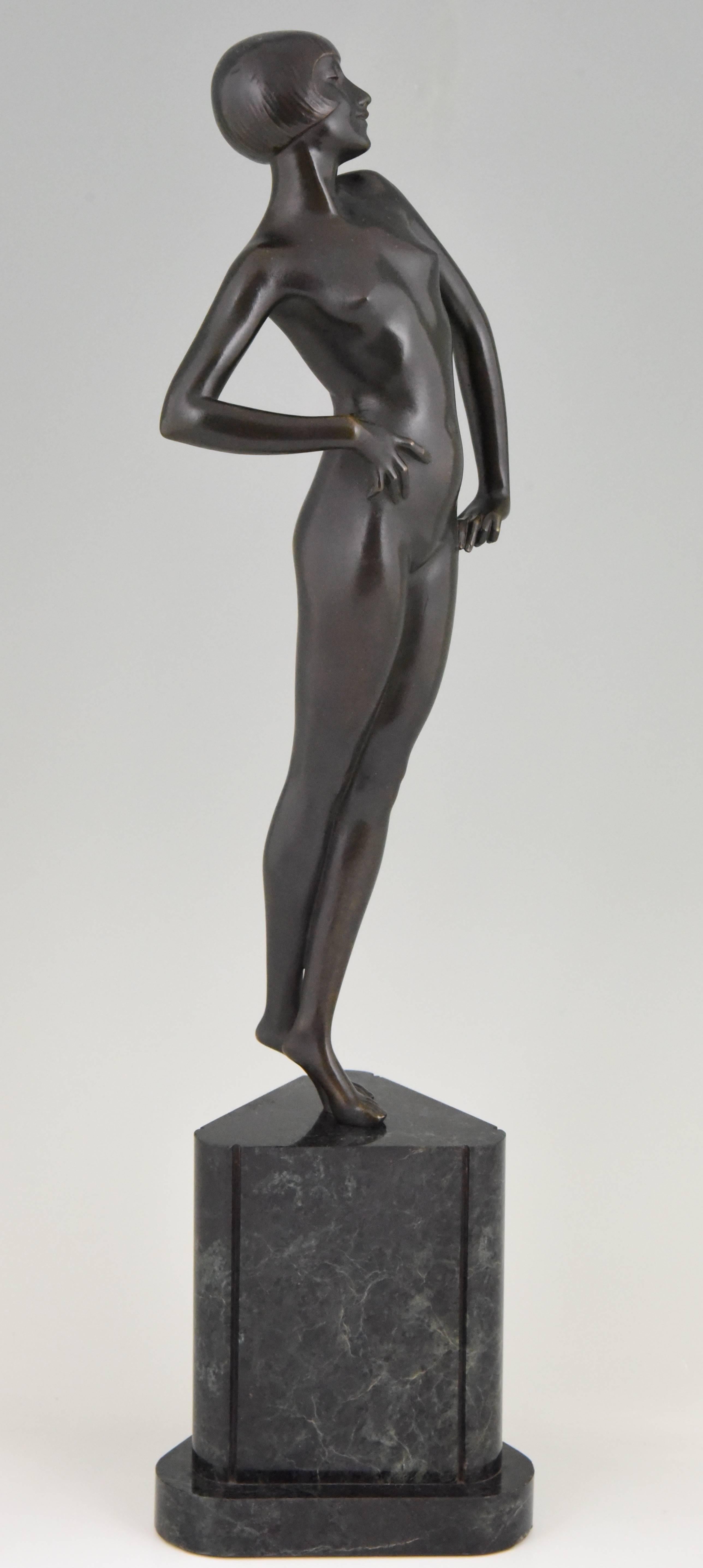French Art Deco Bronze Sculpture Standing Nude Pride by Philippe Devriez, France, 1925