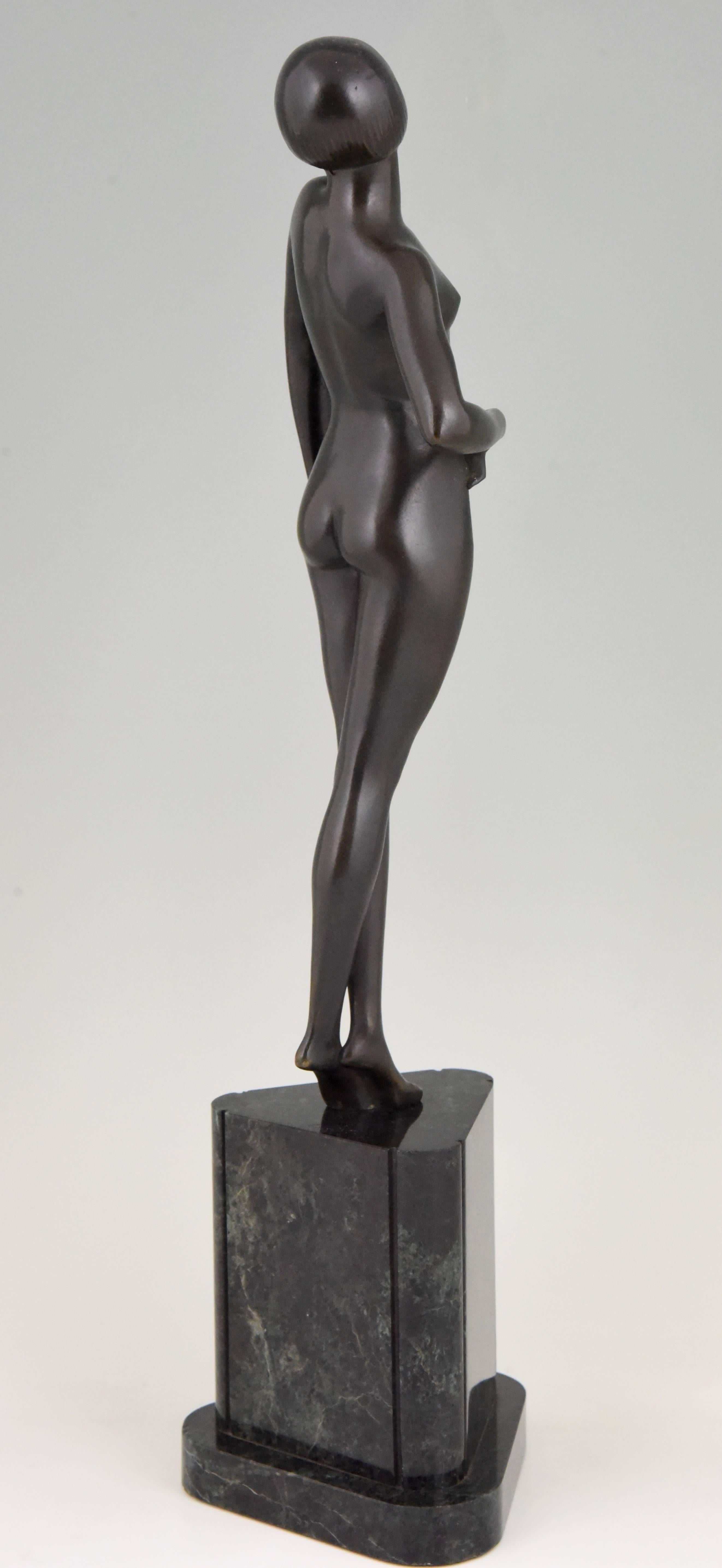 Patinated Art Deco Bronze Sculpture Standing Nude Pride by Philippe Devriez, France, 1925