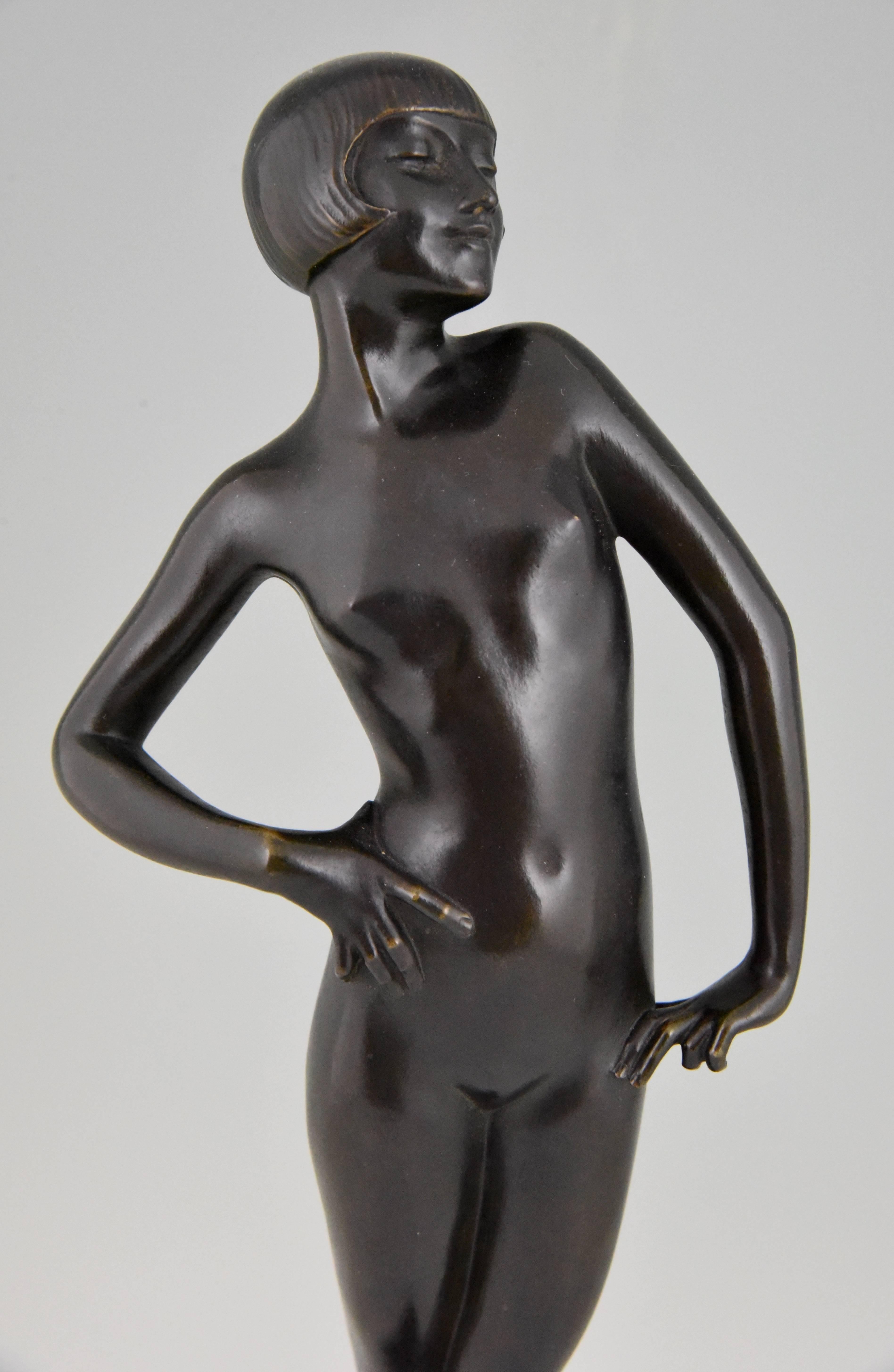 Art Deco Bronze Sculpture Standing Nude Pride by Philippe Devriez, France, 1925 3