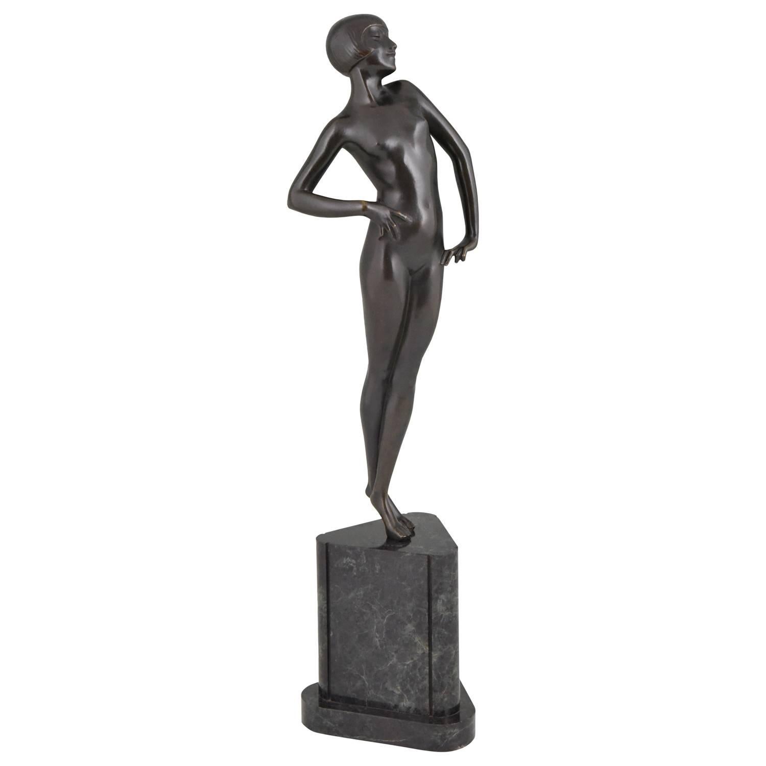 Art Deco Bronze Sculpture Standing Nude Pride by Philippe Devriez, France, 1925