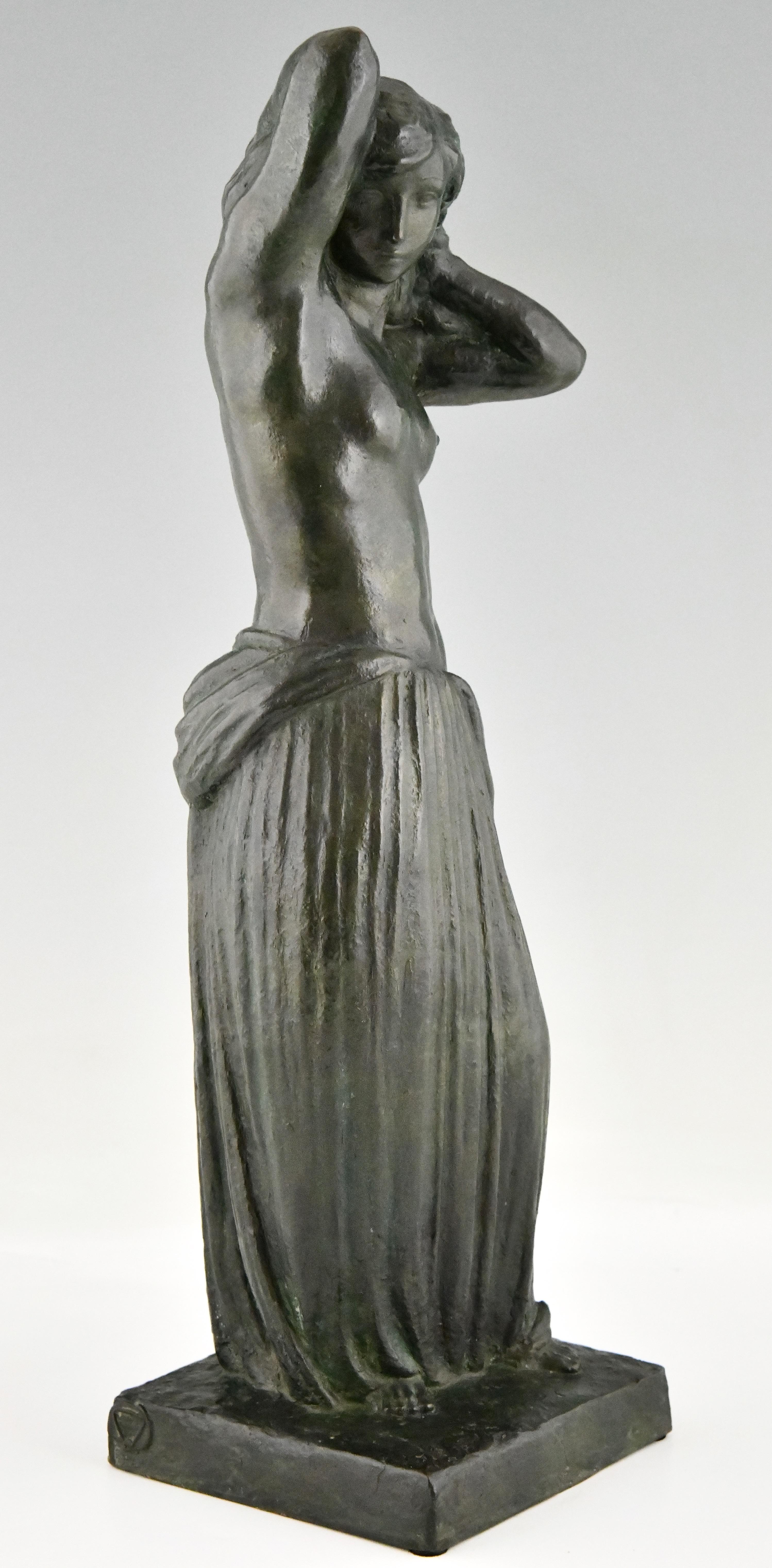 French Art Deco Bronze Sculpture Standing Nude with Drape Georges Gori & Susse Frères For Sale