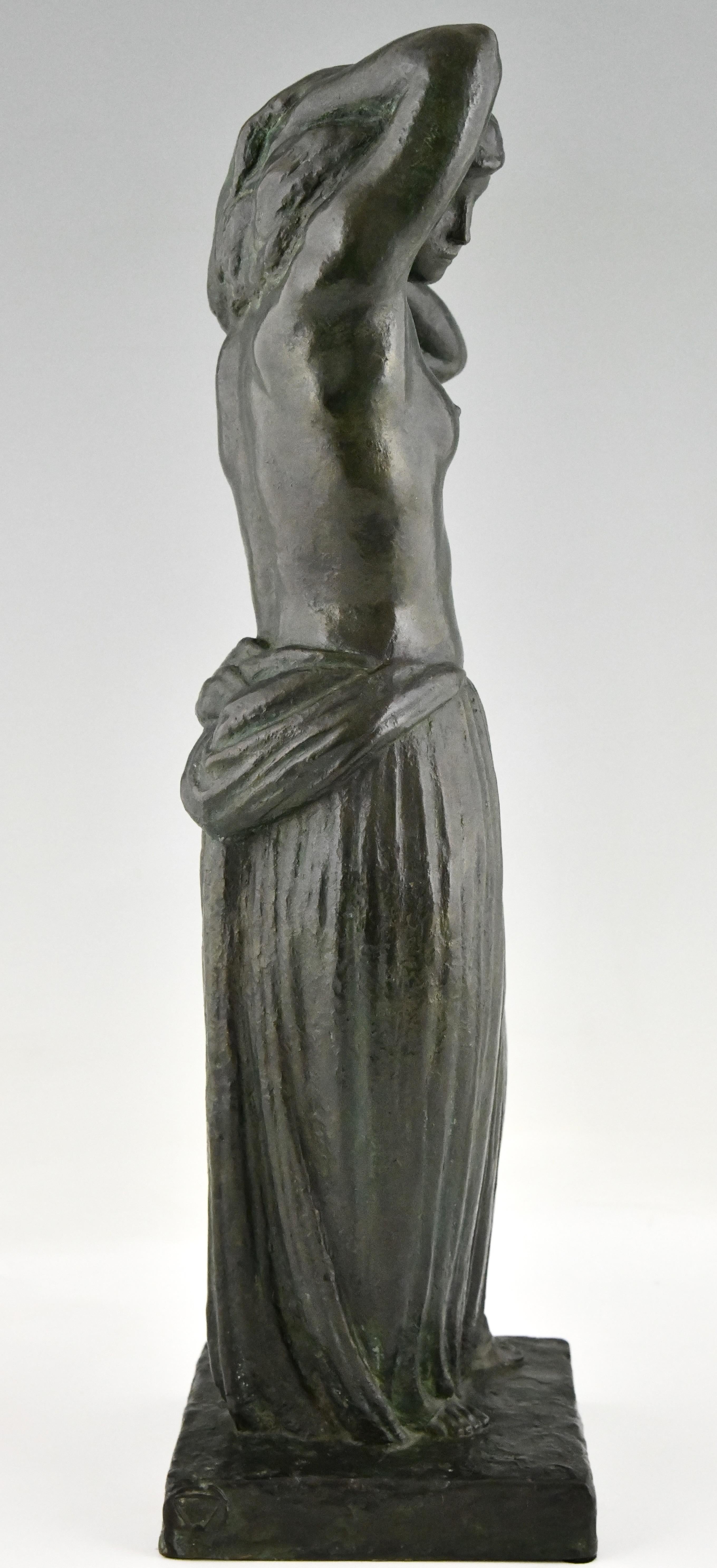 Patinated Art Deco Bronze Sculpture Standing Nude with Drape Georges Gori & Susse Frères For Sale