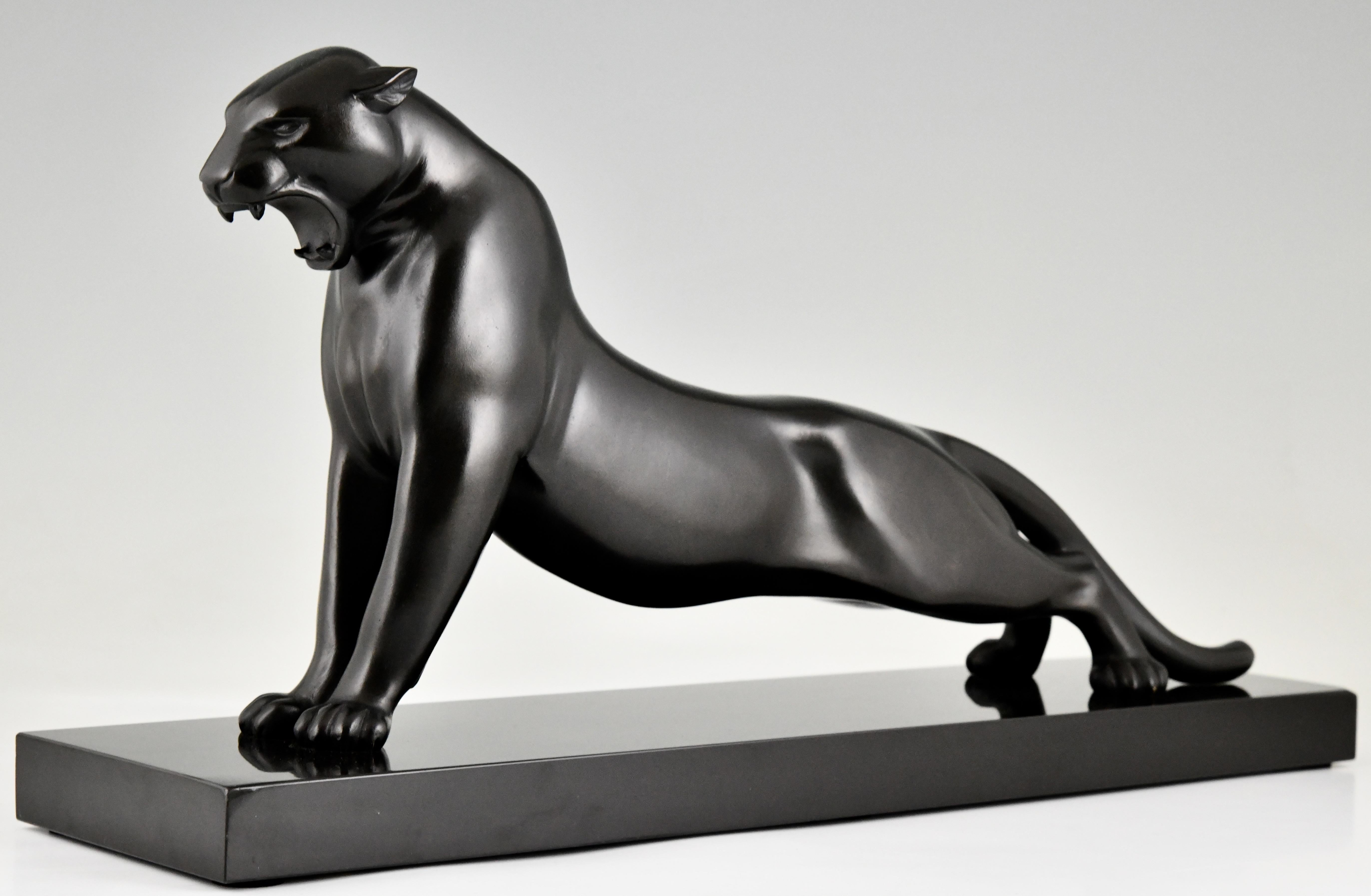 Patinated Art Deco Bronze Sculpture Stretching Panther by Emile Louis Bracquemond 1925