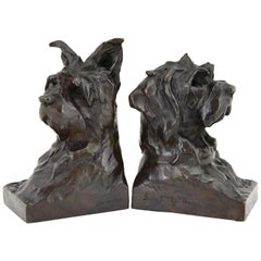 Art Deco Bronze Sculpture Terrier Dog Bust Bookends Maximilien Louis Fiot, 1920