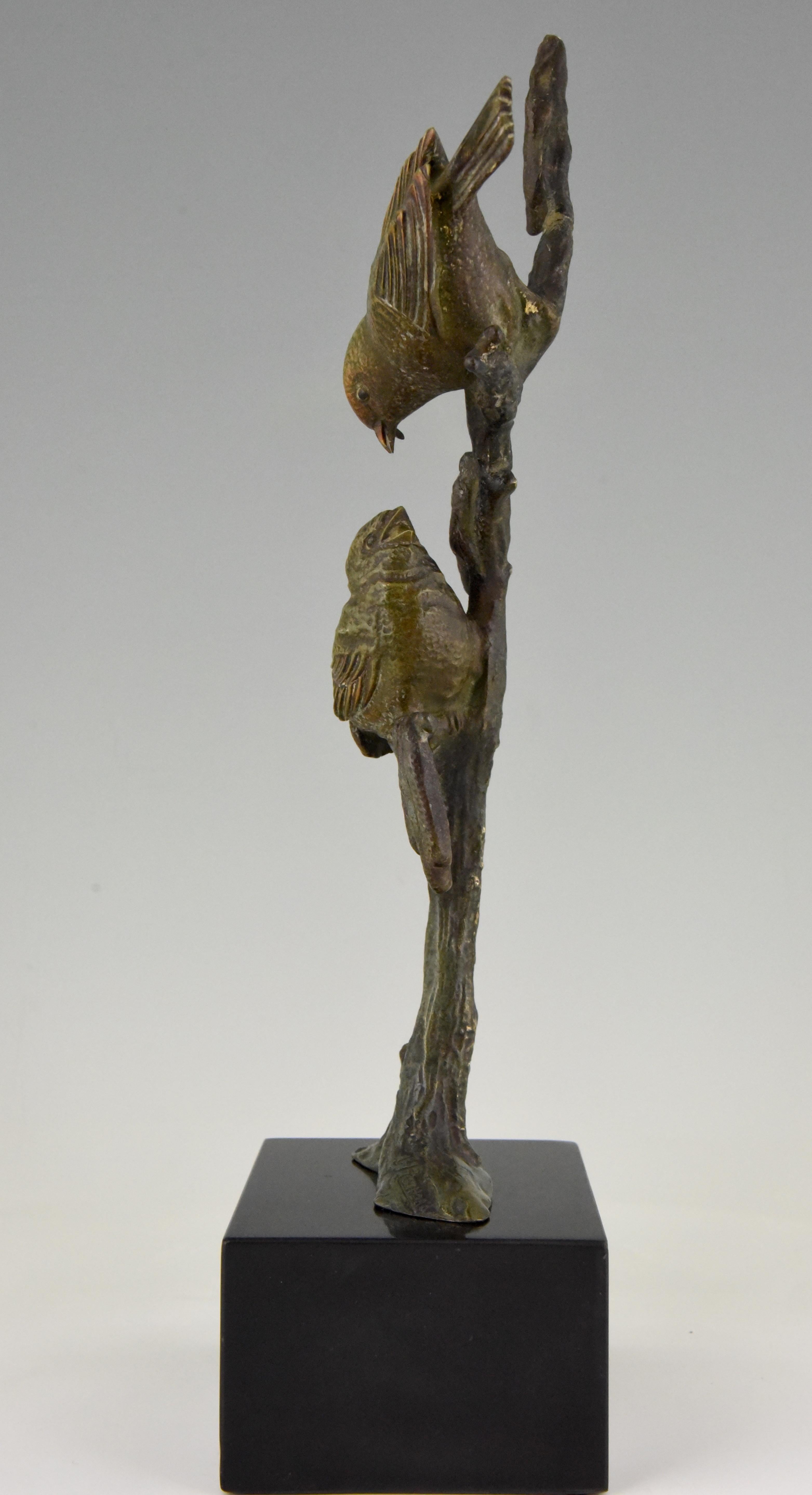 Patinated Art Deco Bronze Sculpture Two Birds on an Branch by Irenee Rochard, 1930