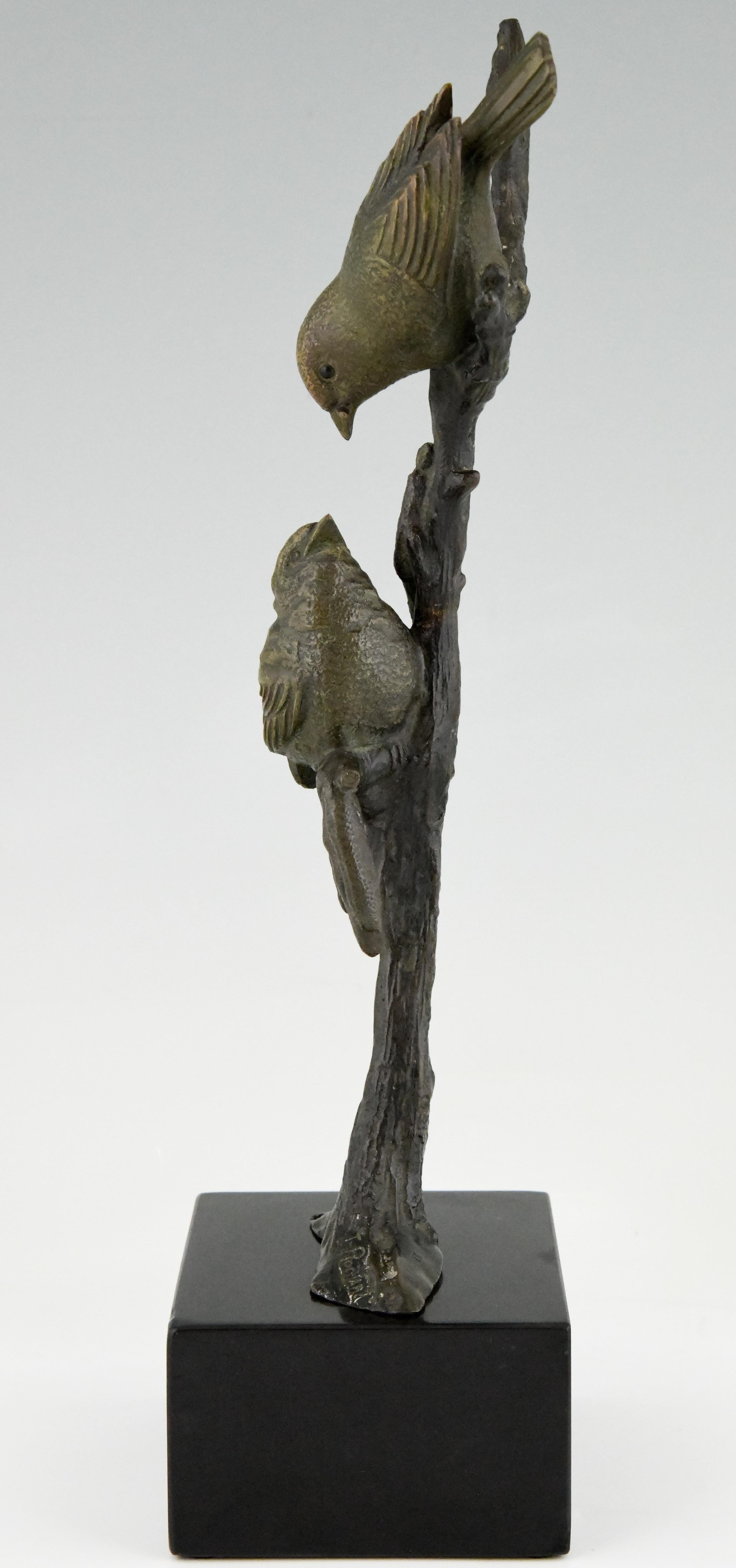 Patinated Art Deco Bronze Sculpture Two Birds on an Branch Irenee Rochard, France, 1930