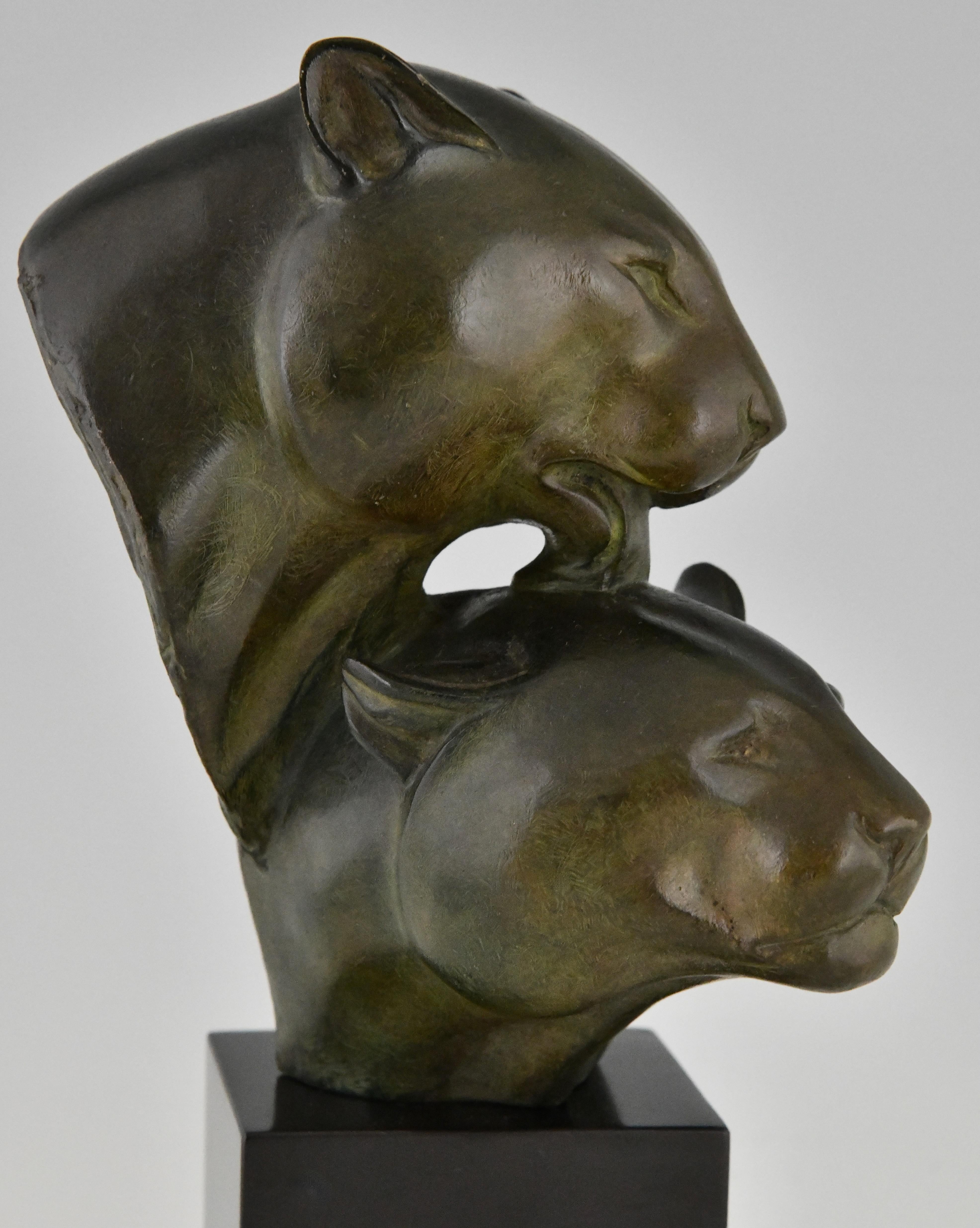 Art Deco bronze sculpture two panther heads by Irenee Rochard, France 1930. For Sale 3