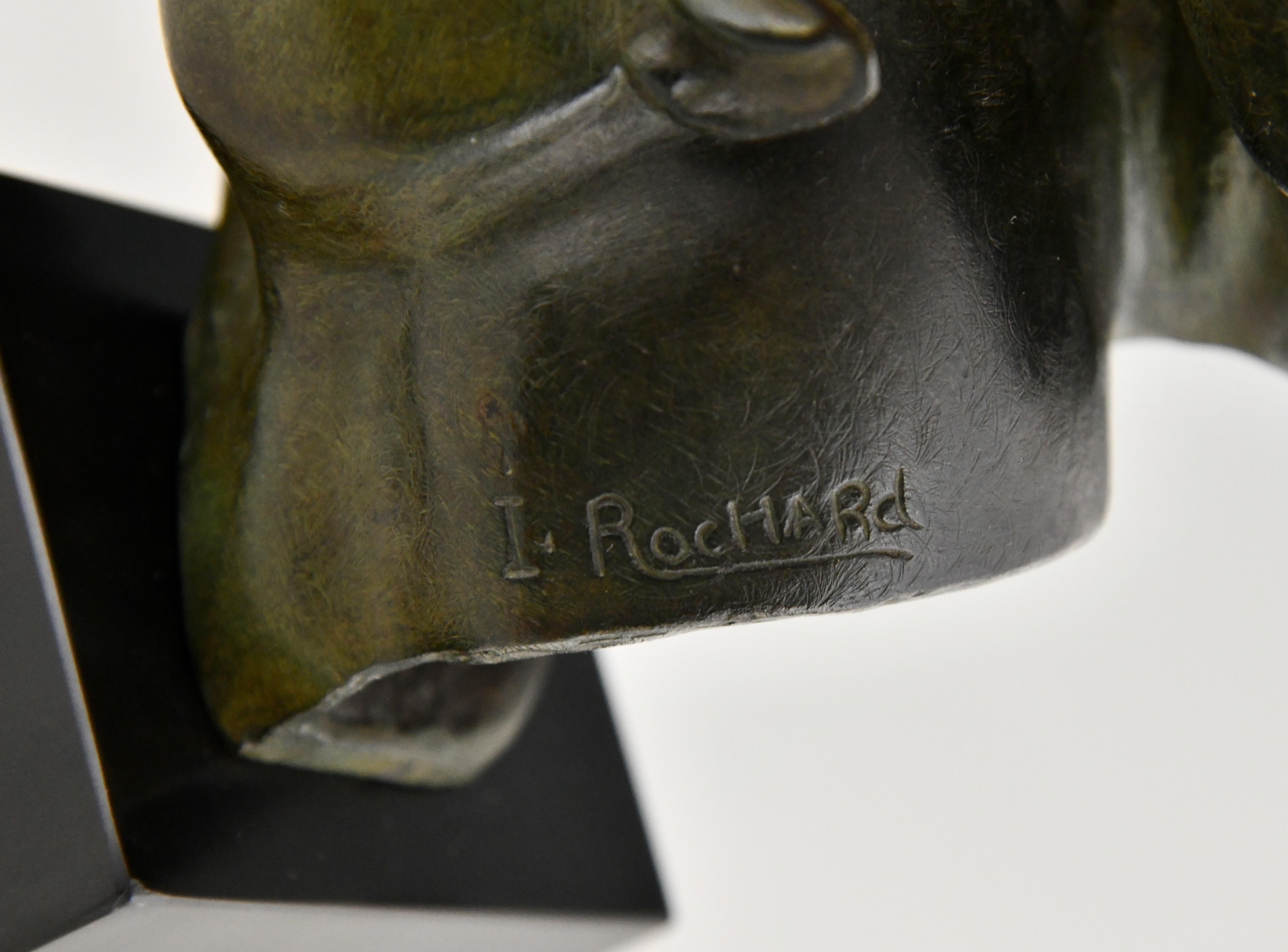Art Deco bronze sculpture two panther heads by Irenee Rochard, France 1930. For Sale 4