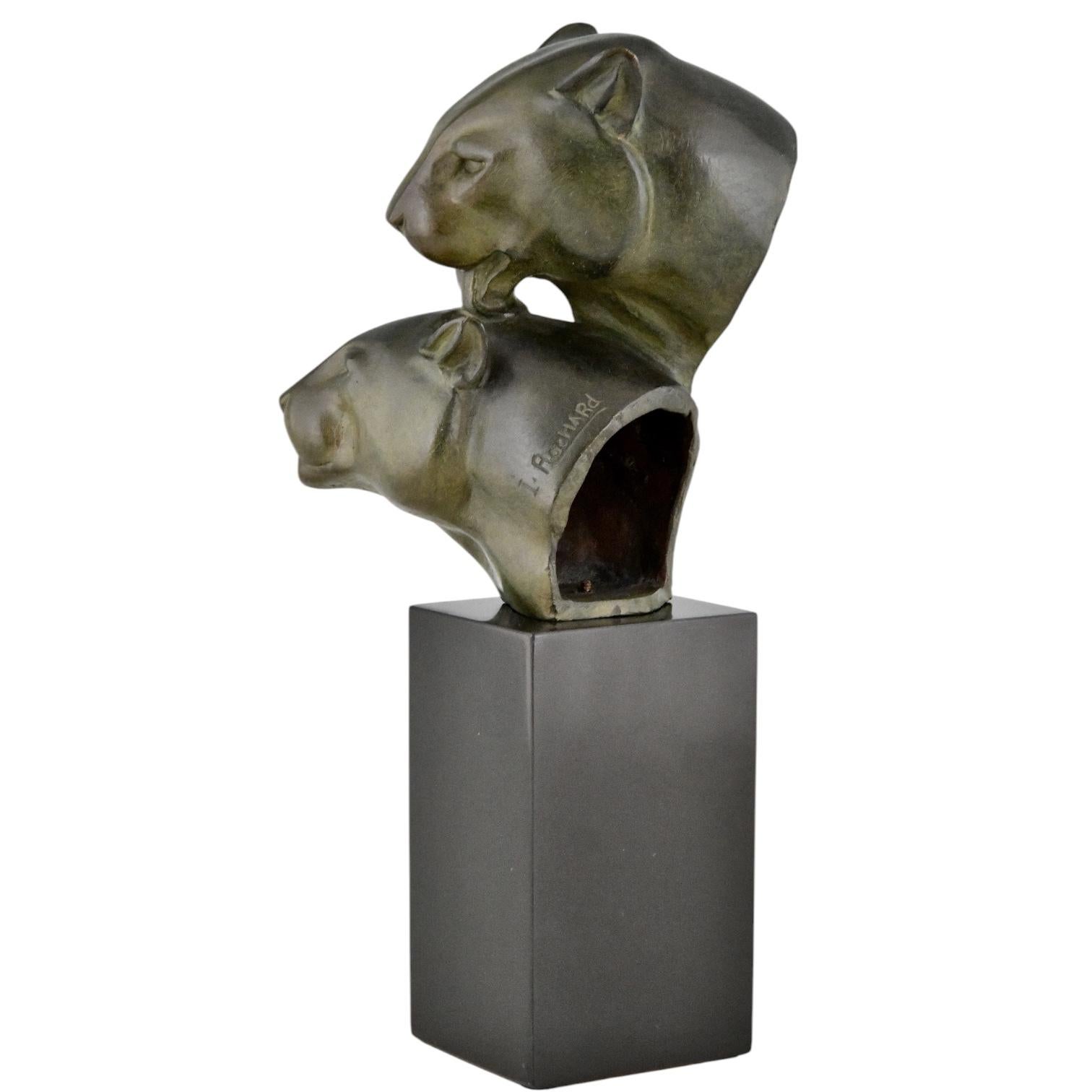 French Art Deco bronze sculpture two panther heads by Irenee Rochard, France 1930. For Sale