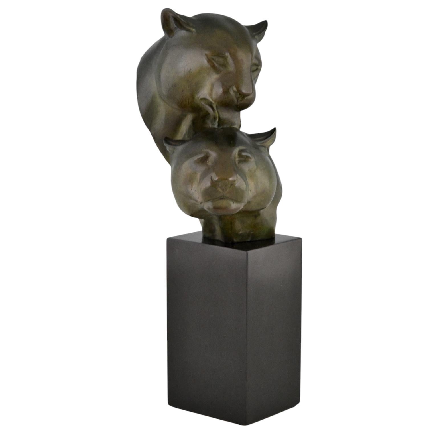 Art Deco bronze sculpture two panther heads by Irenee Rochard, France 1930. For Sale 1
