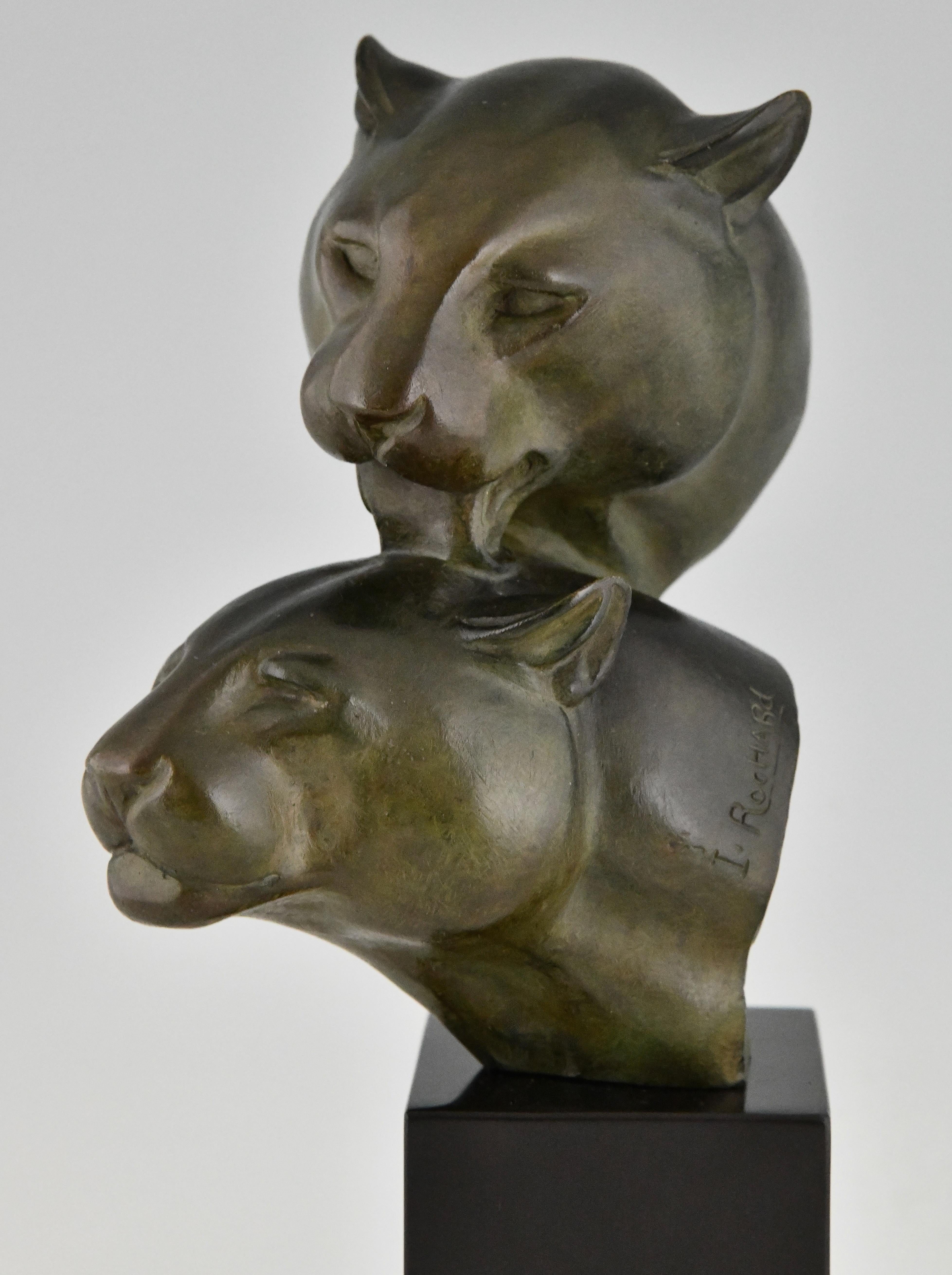 Art Deco bronze sculpture two panther heads by Irenee Rochard, France 1930. For Sale 2