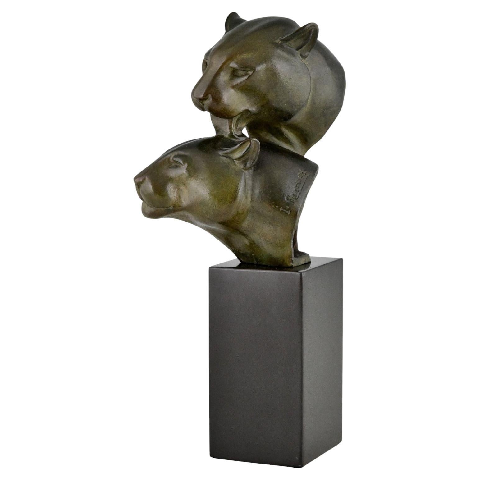 Art Deco bronze sculpture two panther heads by Irenee Rochard, France 1930.