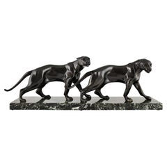 Art Deco bronze sculpture two panthers by Dautrive France 1925