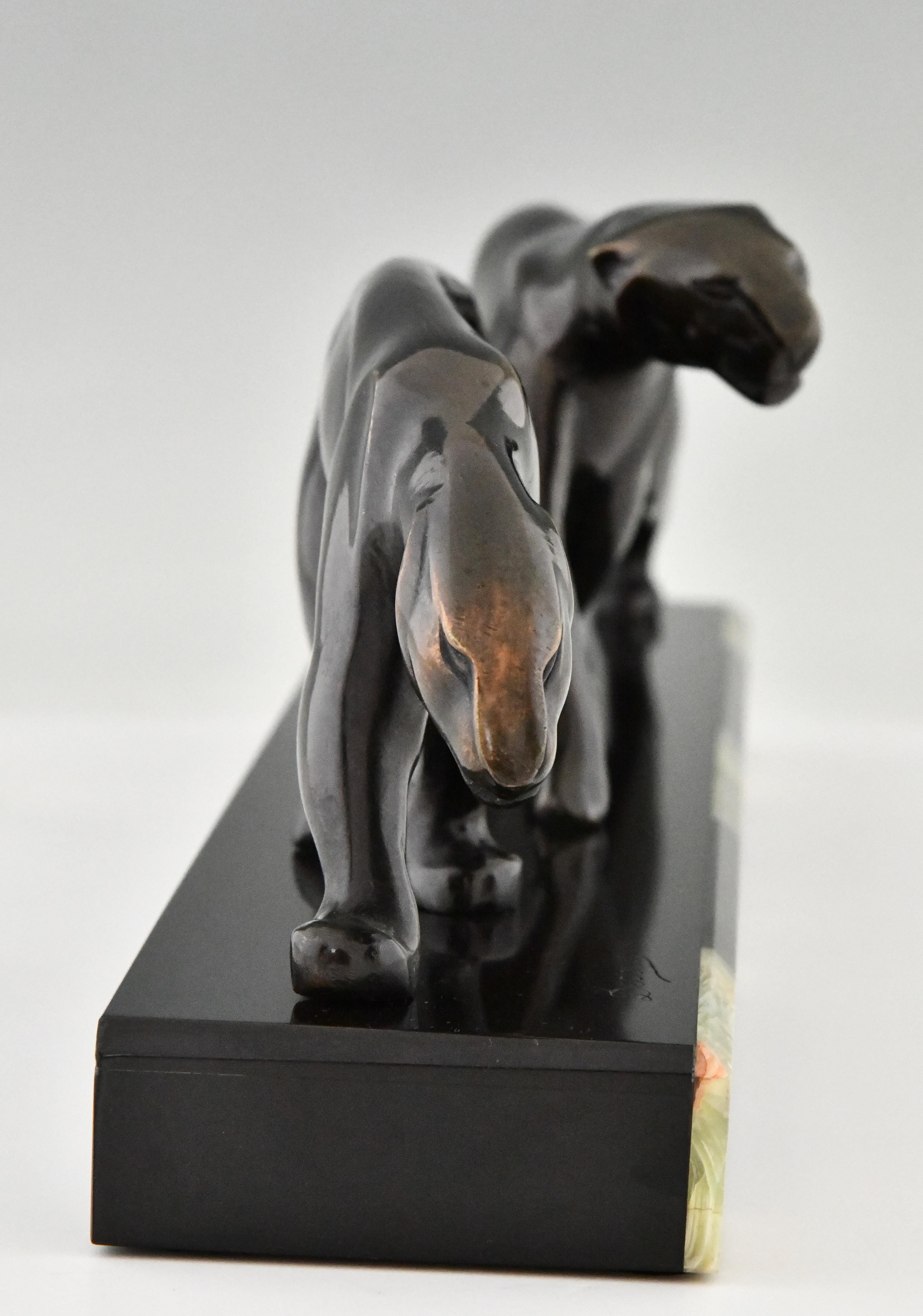 Early 20th Century Art Deco bronze sculpture two panthers signed by Michel Decoux 1920 For Sale