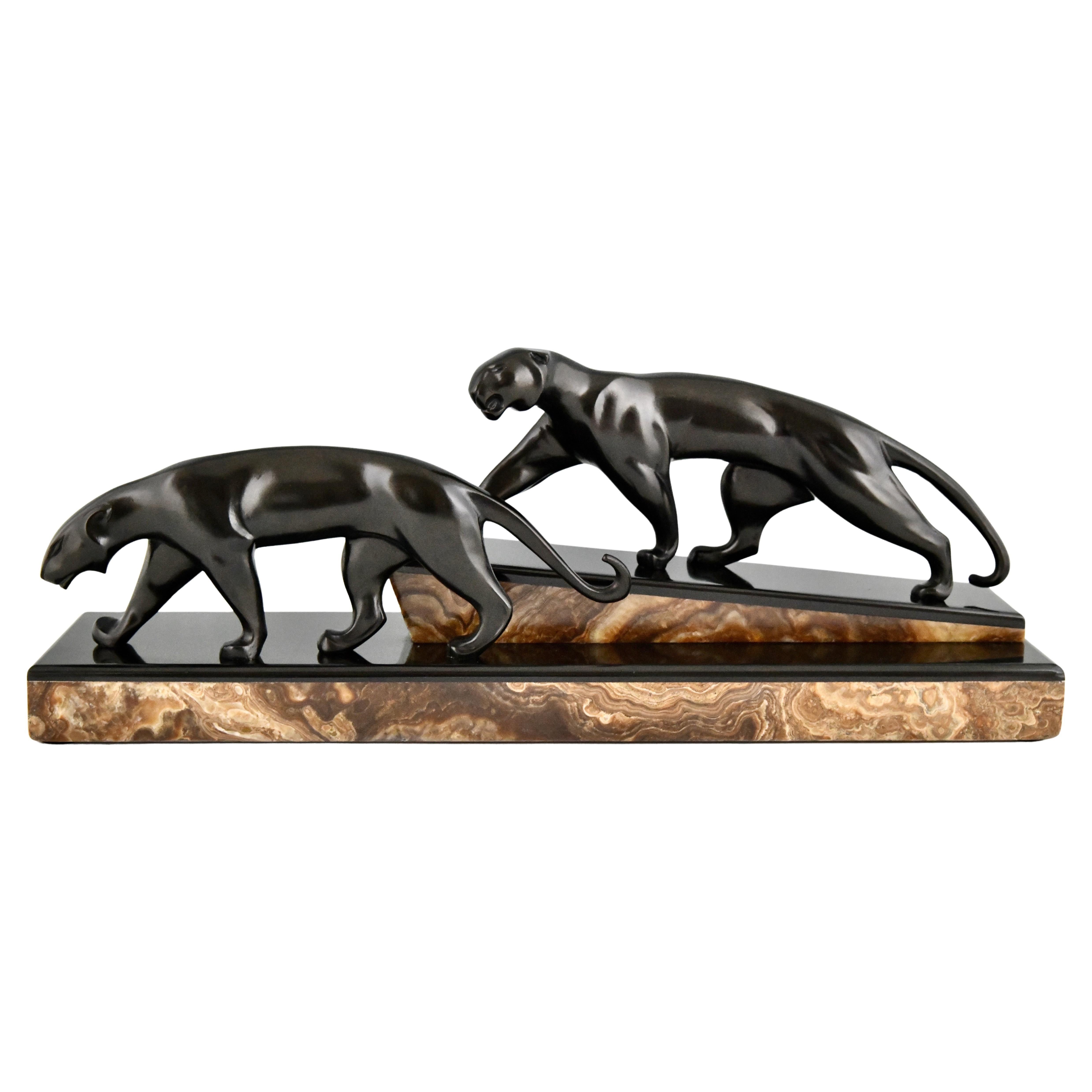 Art Deco bronze sculpture two panthers signed by Michel Decoux 1920