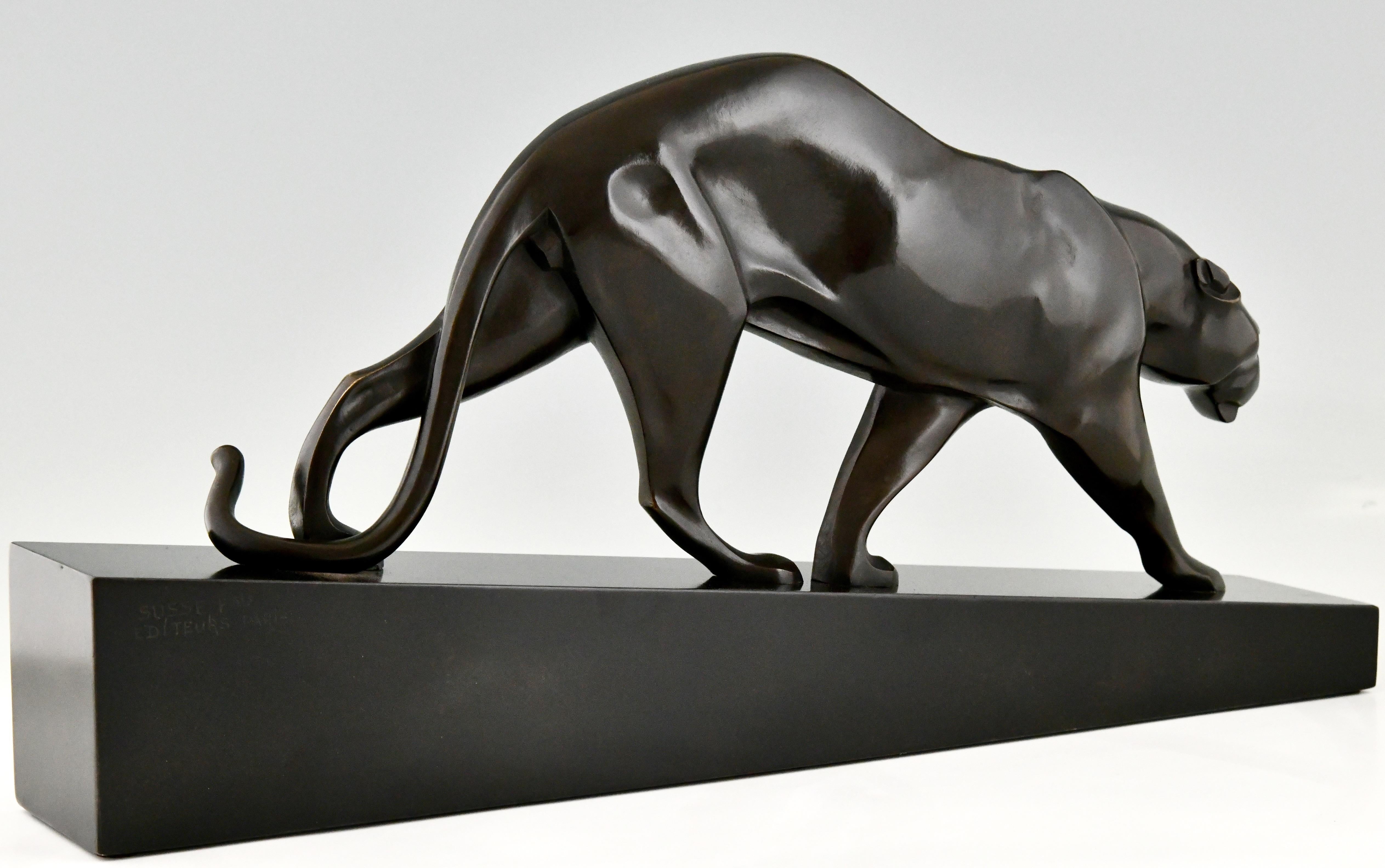 Marble Art Deco Bronze Sculpture Walking Panther by Maurice Prost, Susse Frères 1935