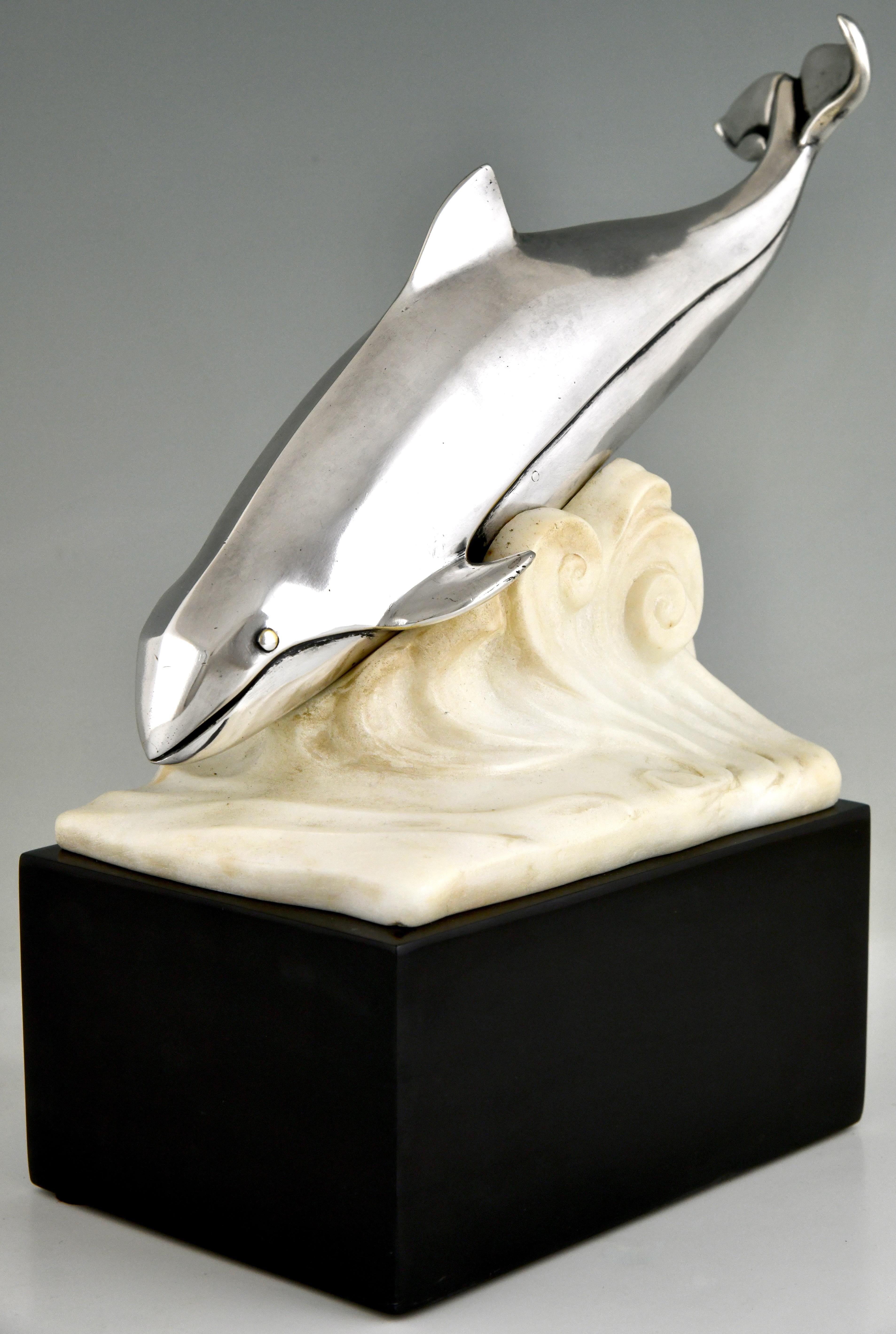 French Art Deco bronze sculpture whale in the waves by Marcel André Bouraine 1925 For Sale