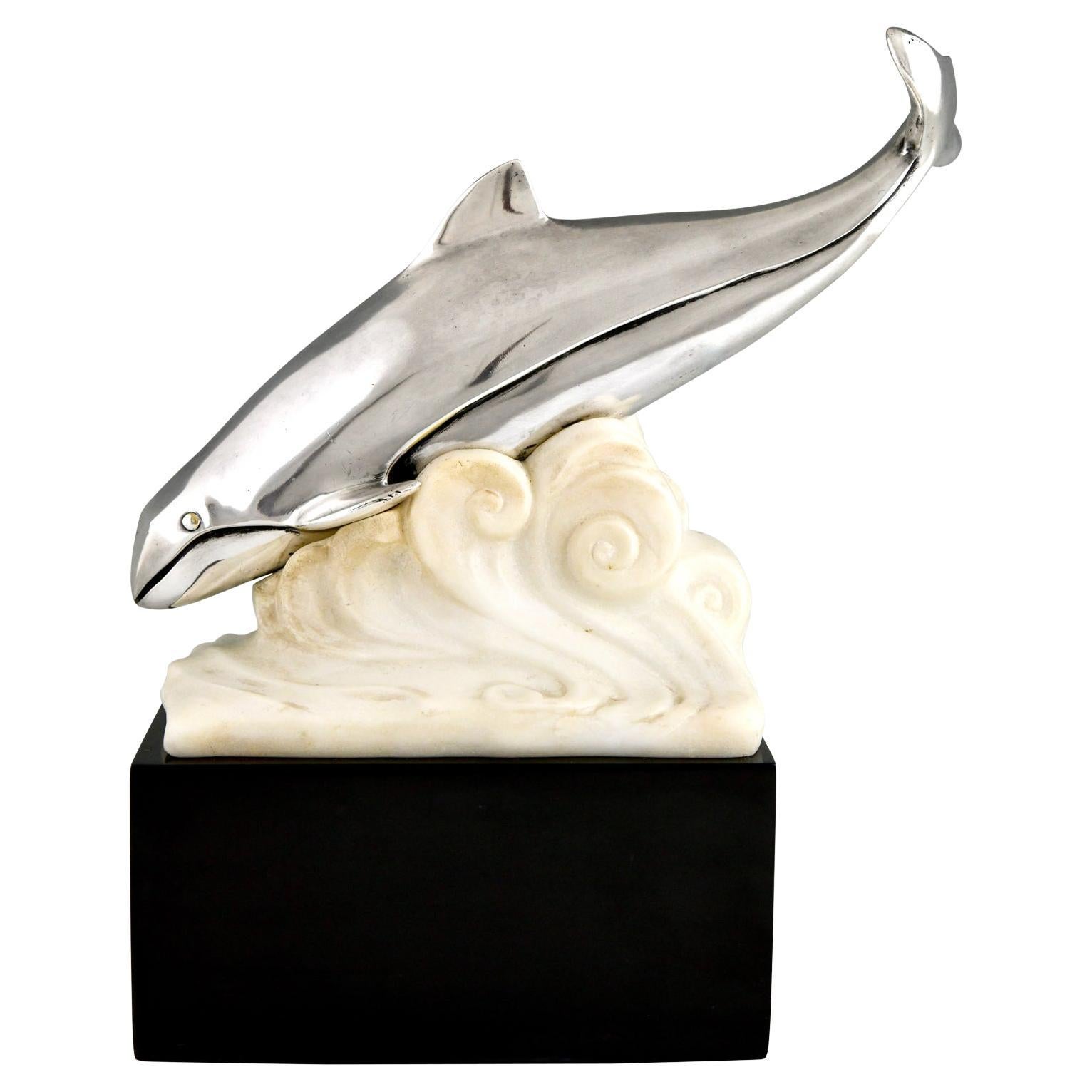 Art Deco bronze sculpture whale in the waves by Marcel André Bouraine 1925
