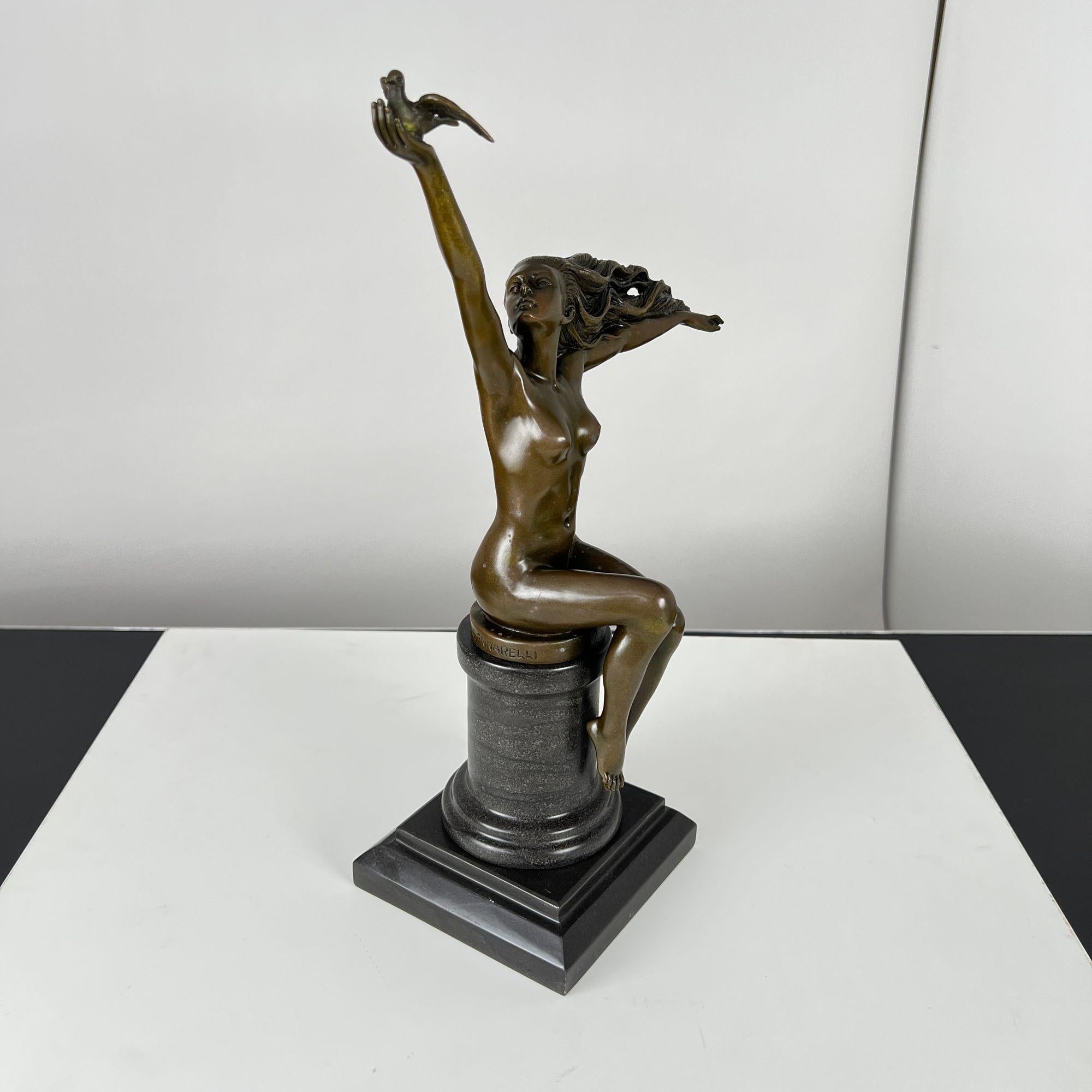Cast Art Deco Bronze Sculpture ‘Woman with dove' by A. Gennarelli, Paris, 20th C. For Sale