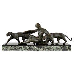 Art Deco bronze sculpture woman with panthers signed by Michel Decoux 1920