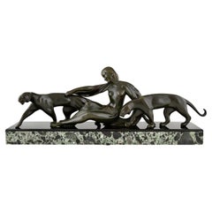 Antique Art Deco bronze sculpture woman with panthers signed by Michel Decoux 1920