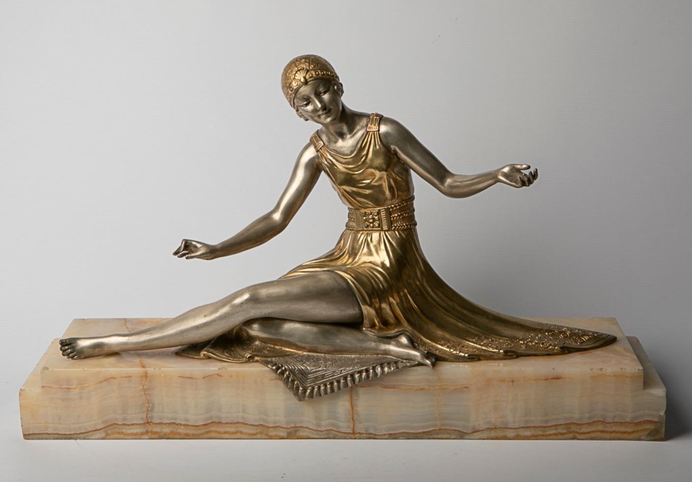 French Art Deco Bronze 'Seated Woman' Artist Joe Descomps For Sale