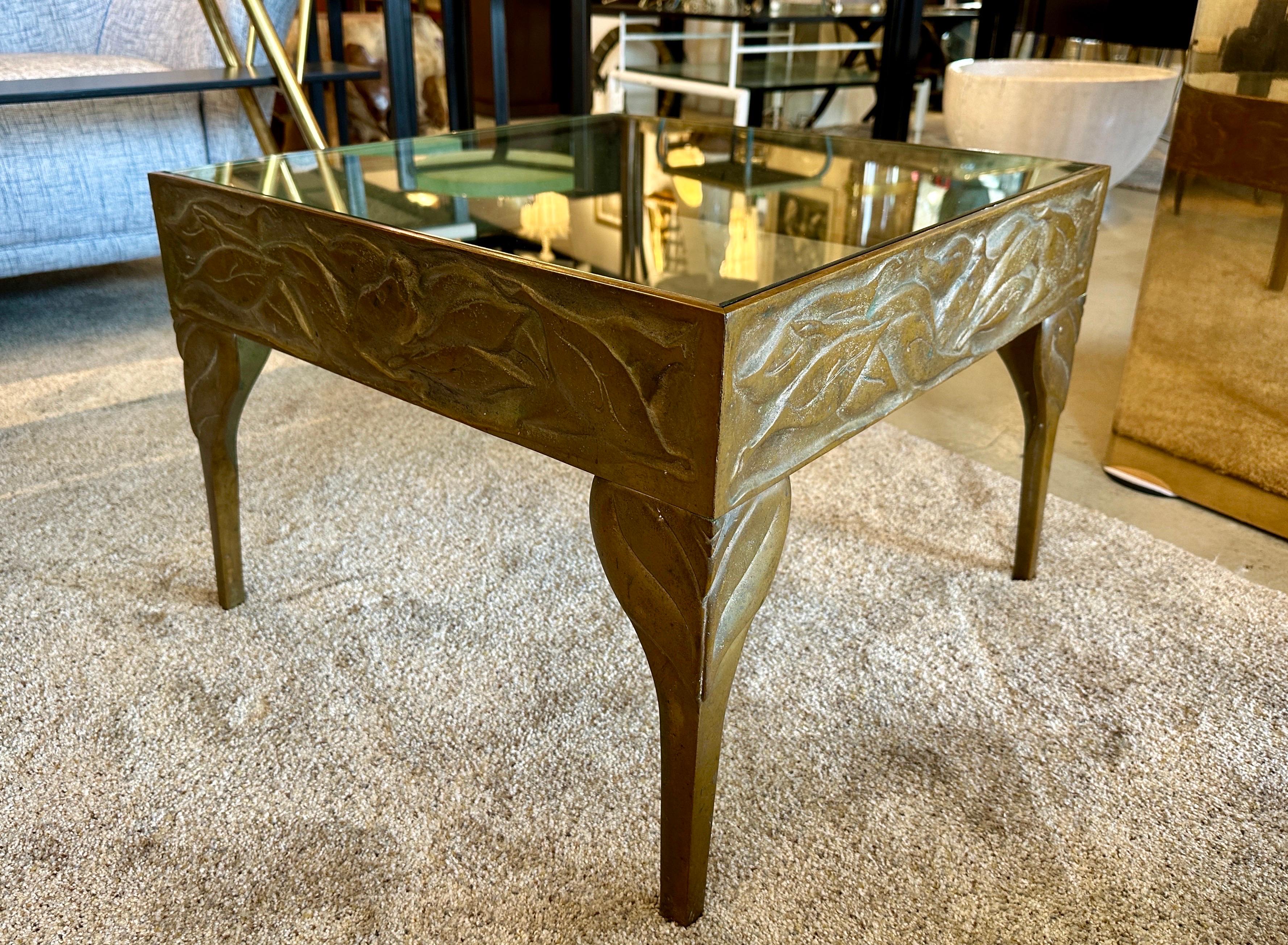 Art Deco Bronze Side Table w/ Natural Elements Motif For Sale 1