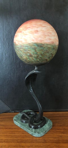 Art Deco Bronze Snake / Cobra Table Lamp with Round Globe