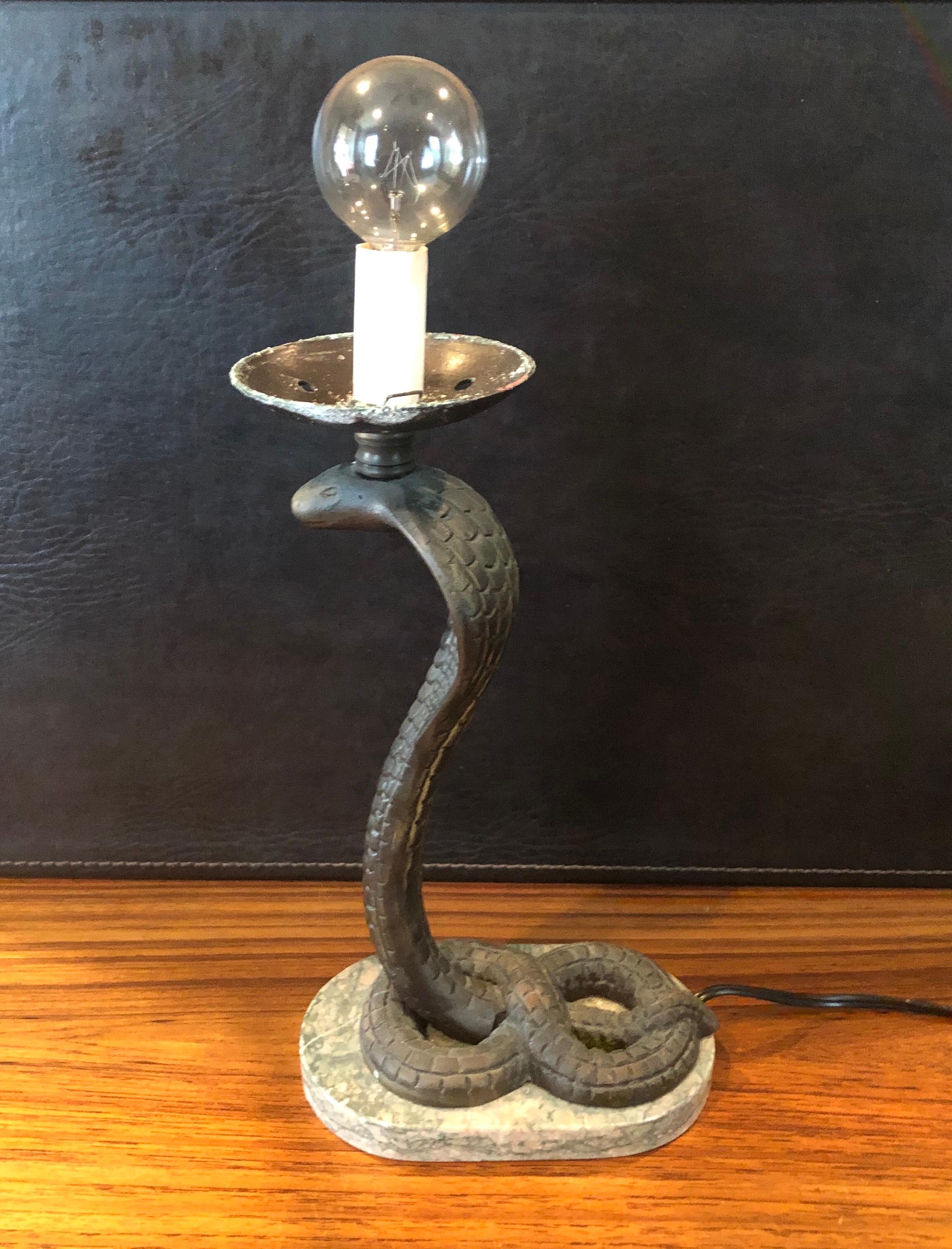 American Art Deco Bronze Snake / Cobra Table Lamp with Round Globe