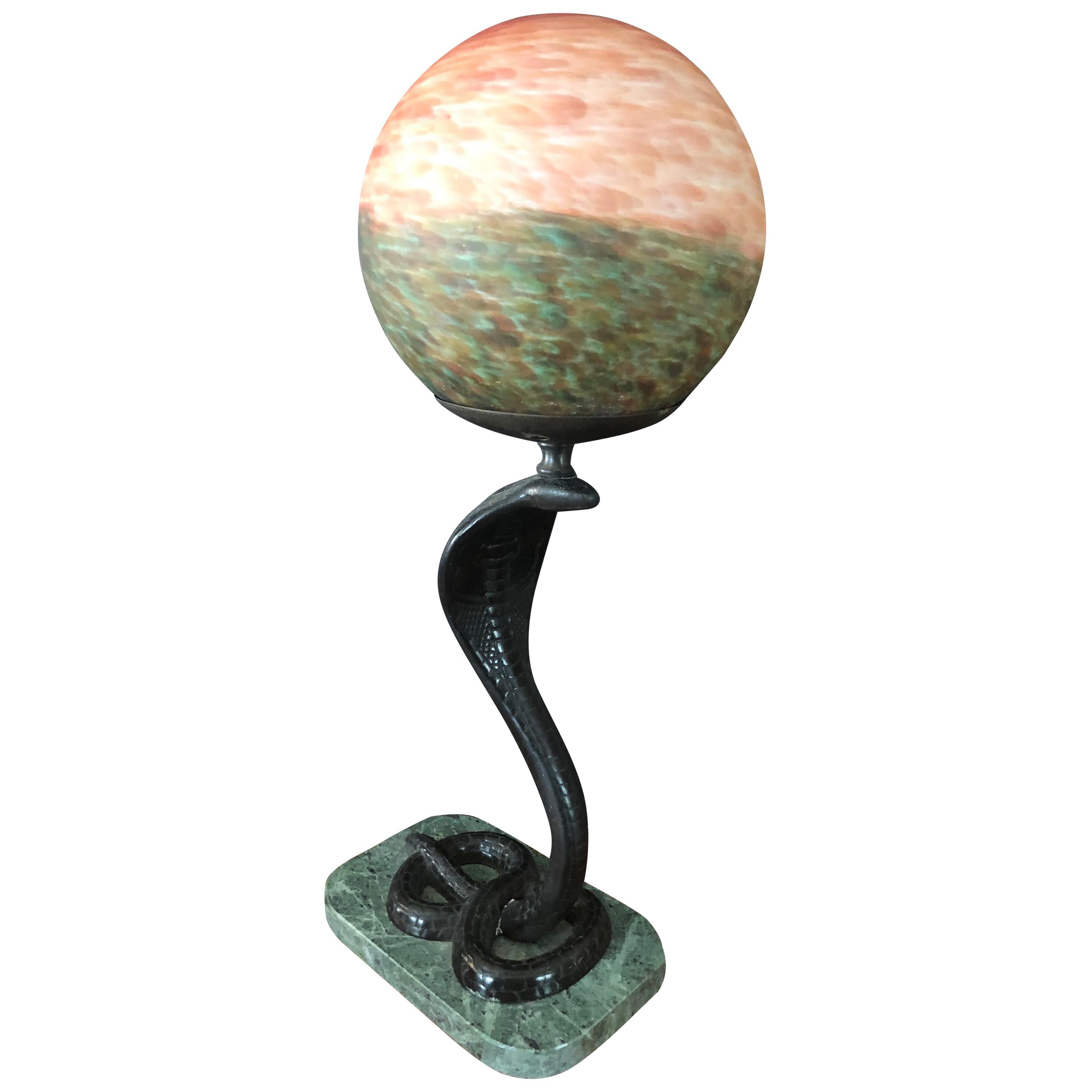 Art Deco Bronze Snake / Cobra Table Lamp with Round Globe