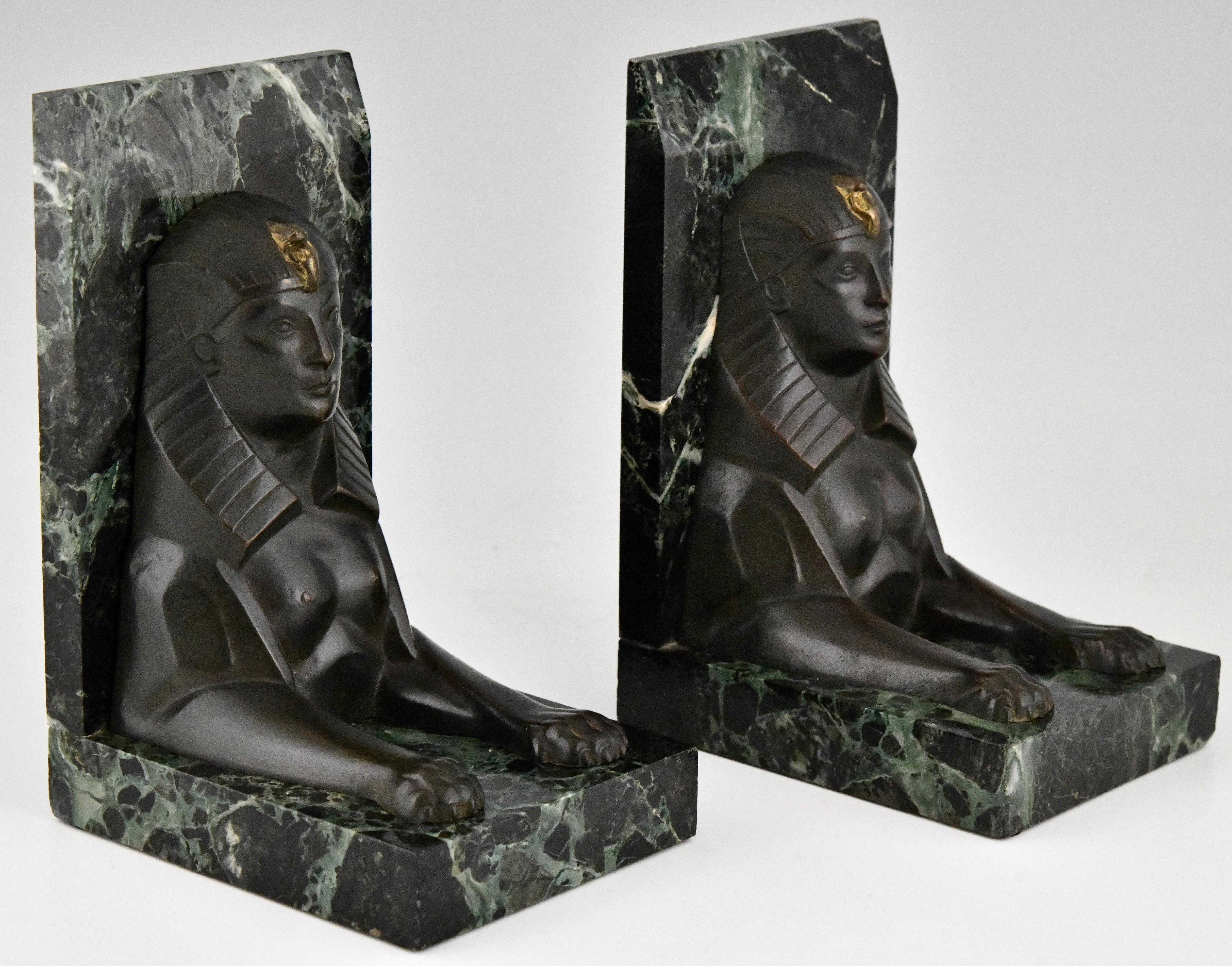 Art Deco Bronze Sphynx Bookends C. Charles on Marble Base, France 1930 5