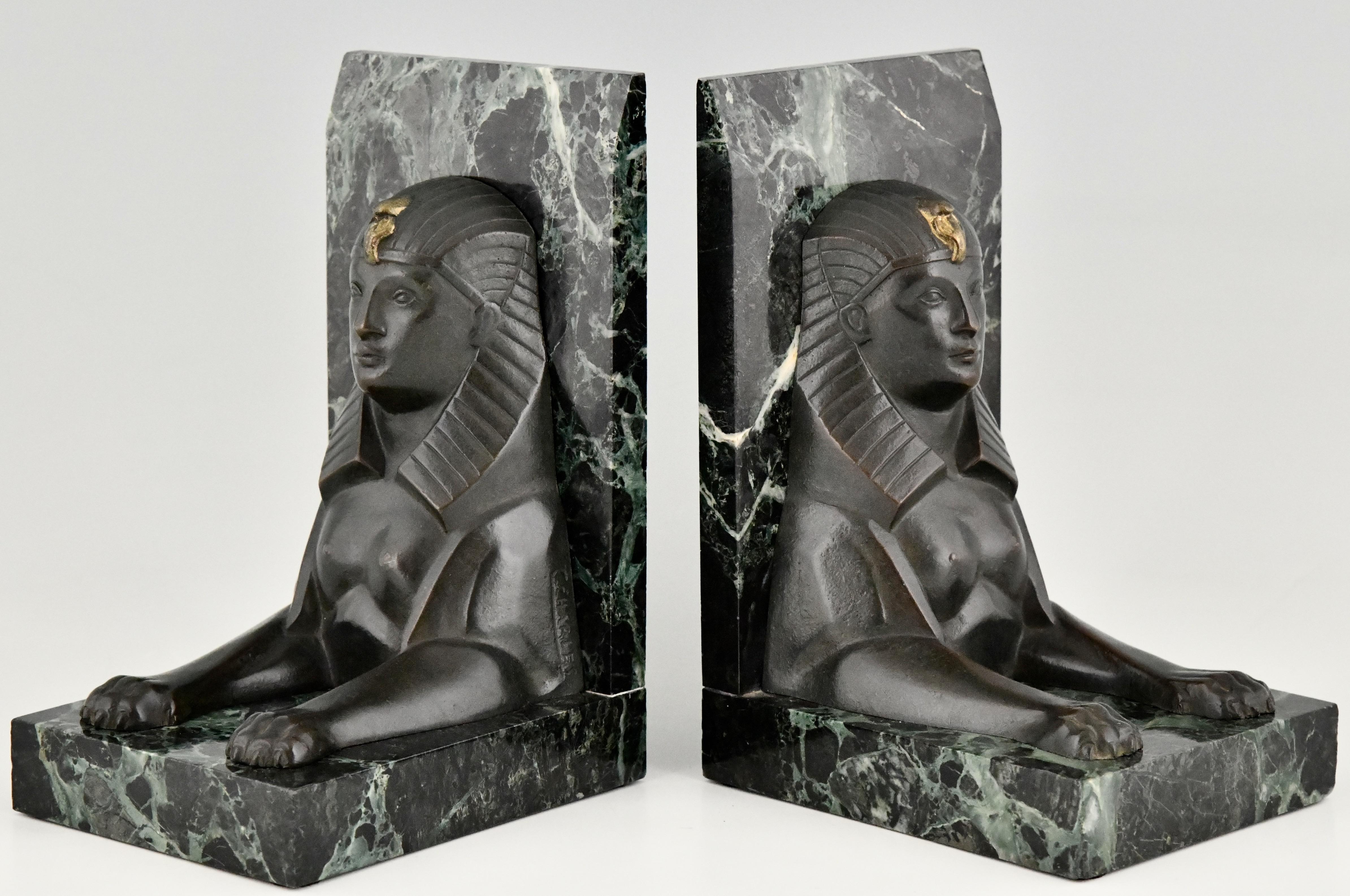 Pair of Art Deco bronze sphynx bookends on green marble bases, signed by C. Charles. France 1930
Literature:
“The dictionary of sculptors in bronze” by James Mackay. Antique collectors club.?“Dictionnaire des peintres,sculpteurs,dessinateurs et