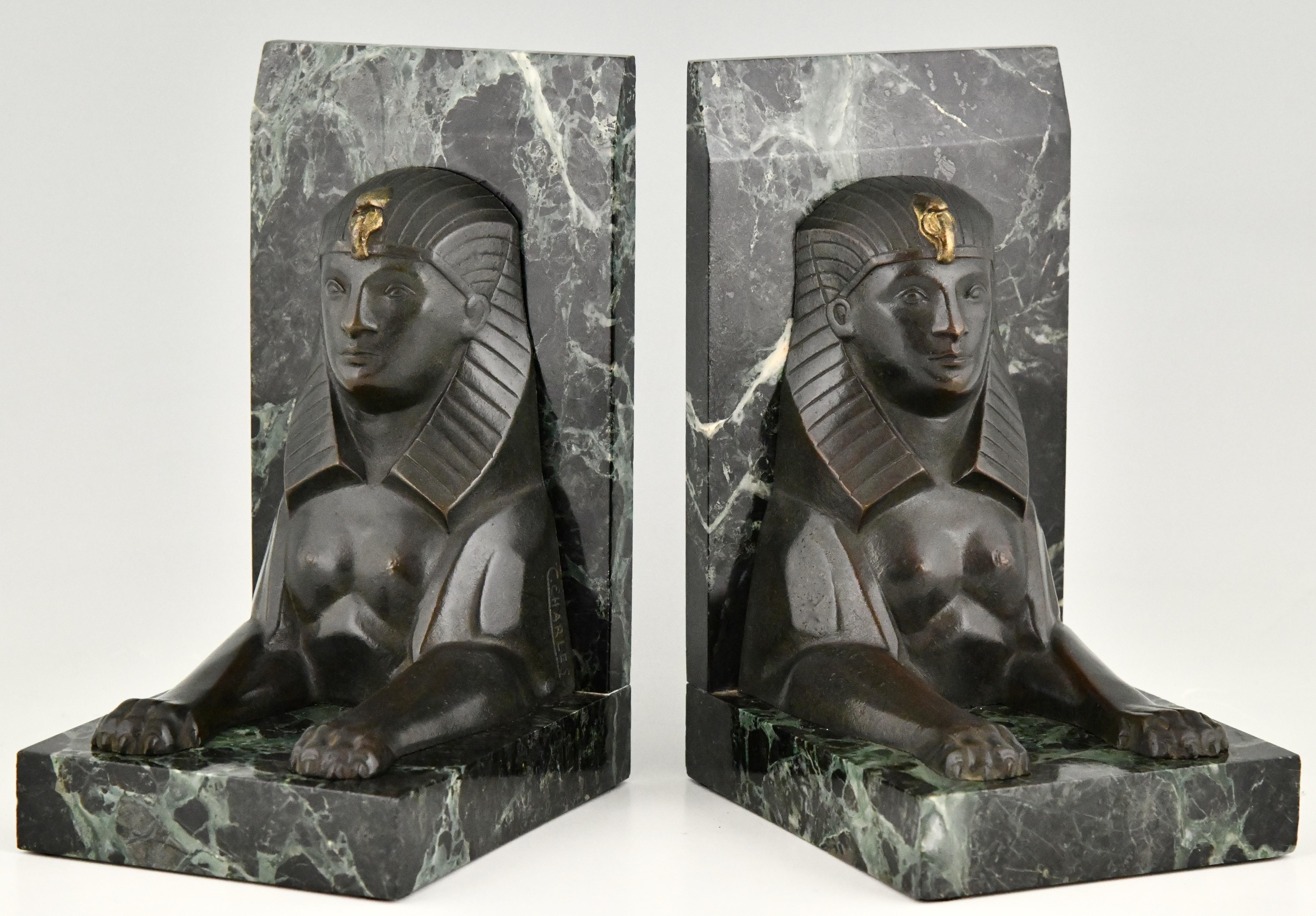 French Art Deco Bronze Sphynx Bookends C. Charles on Marble Base, France 1930
