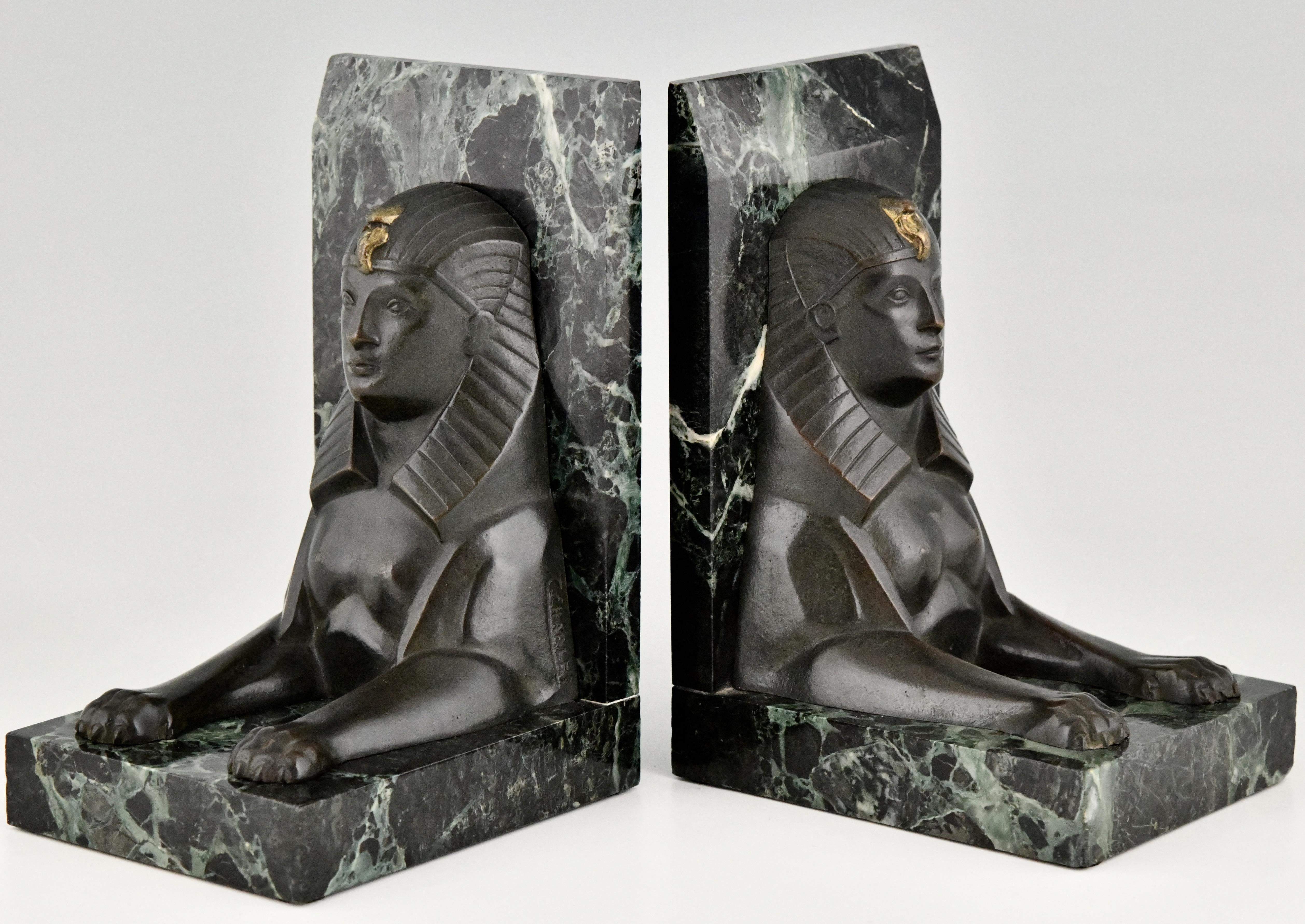 Mid-20th Century Art Deco Bronze Sphynx Bookends C. Charles on Marble Base, France 1930