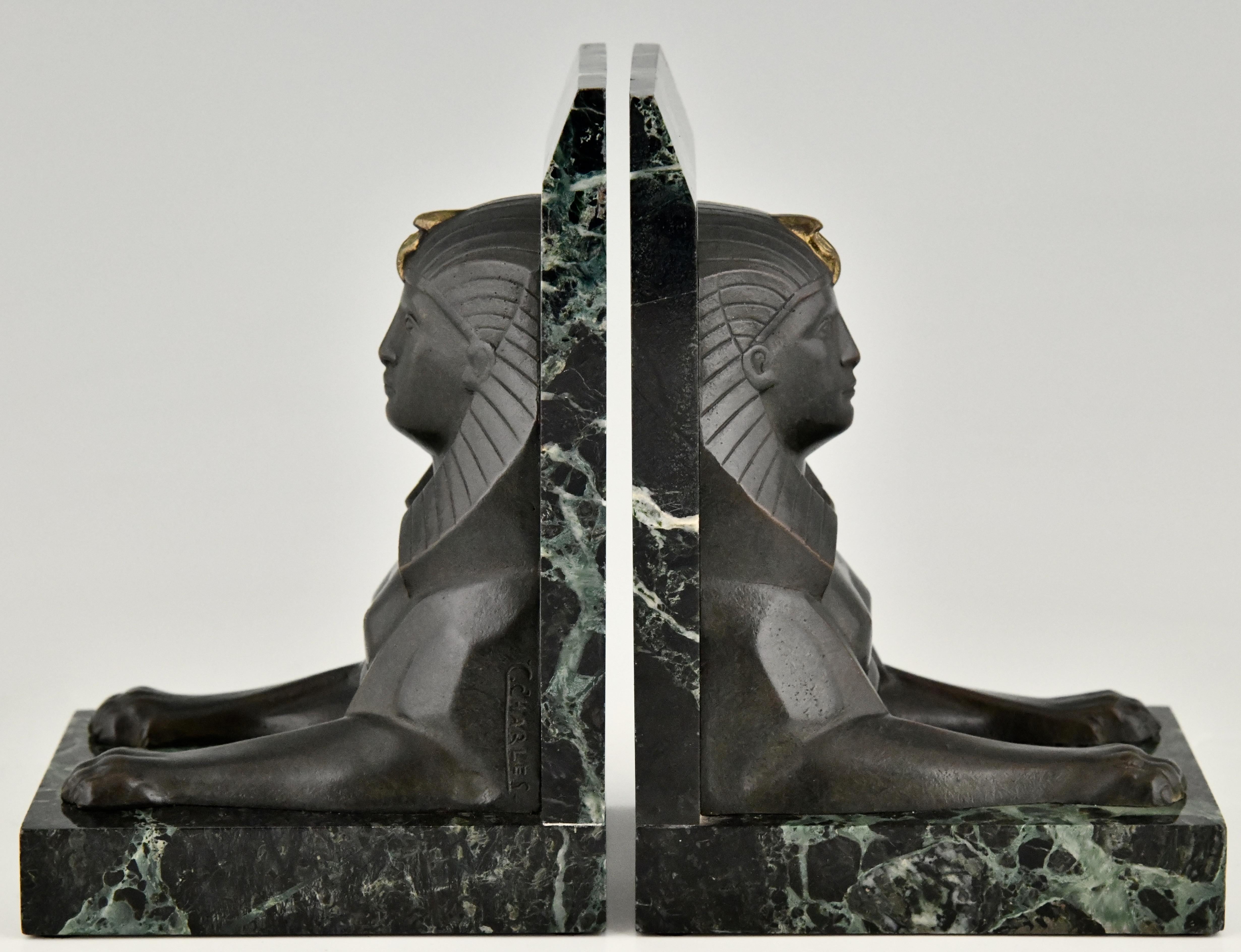 Art Deco Bronze Sphynx Bookends C. Charles on Marble Base, France 1930 1