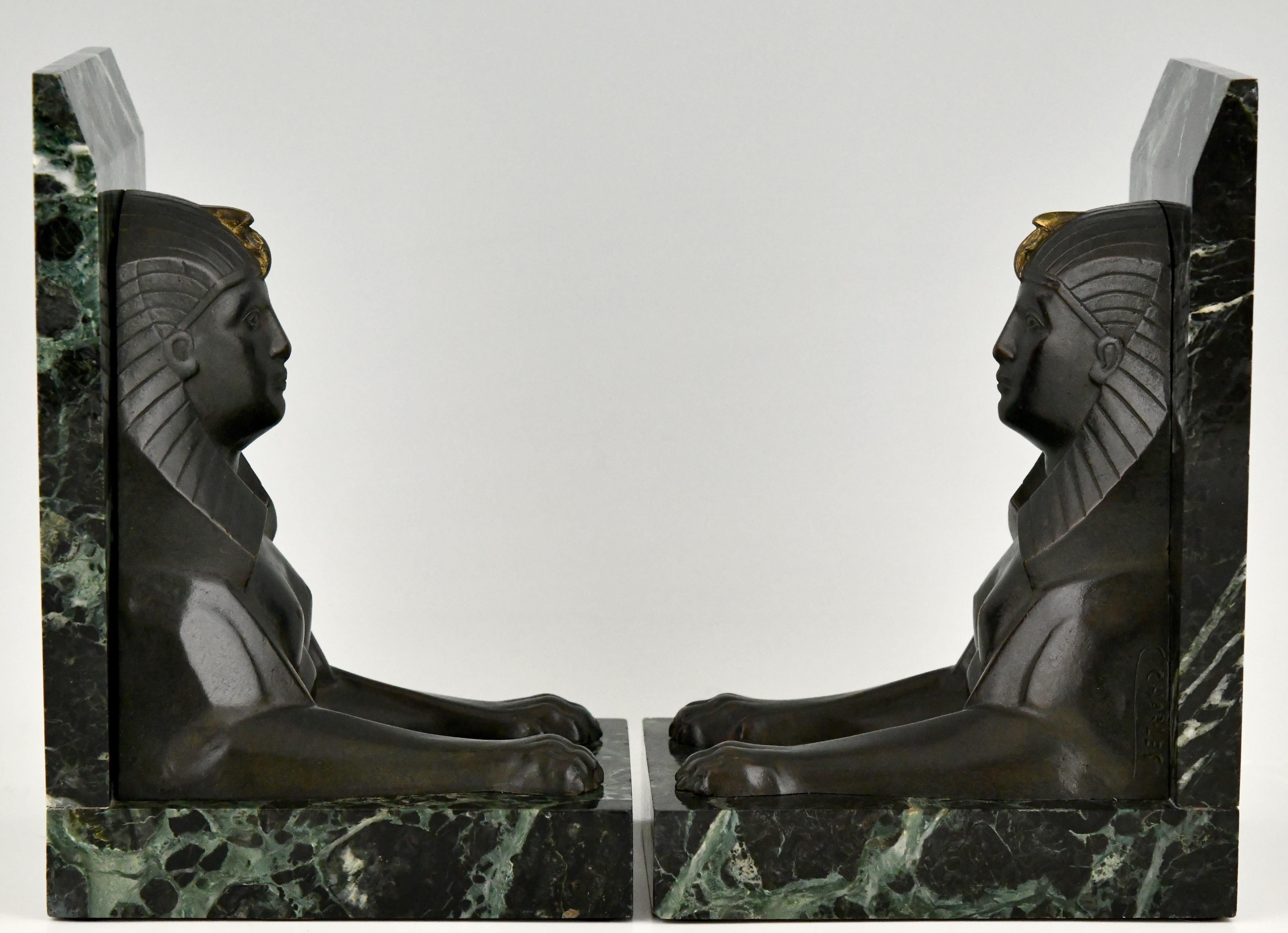 Art Deco Bronze Sphynx Bookends C. Charles on Marble Base, France 1930 2