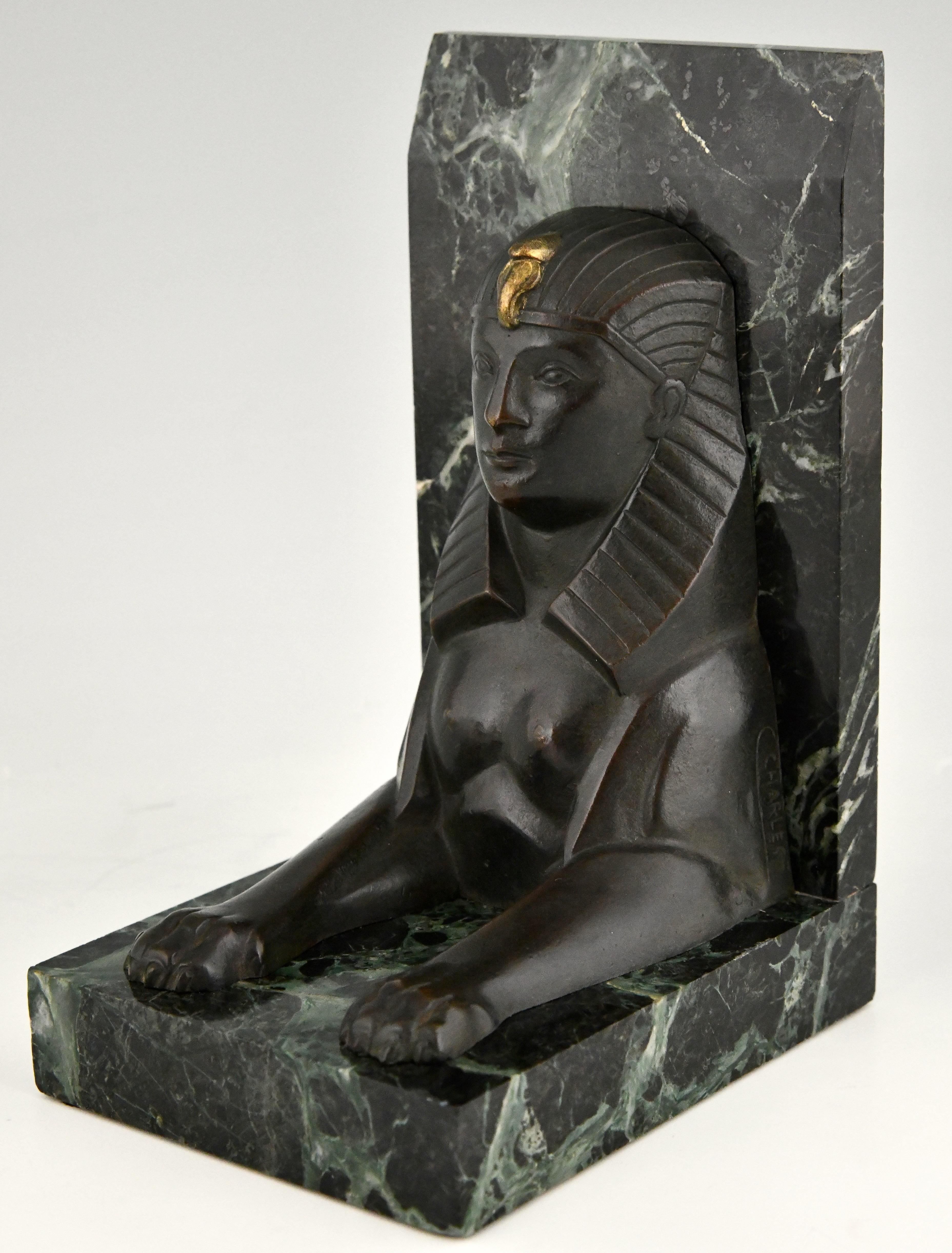 Art Deco Bronze Sphynx Bookends C. Charles on Marble Base, France 1930 4