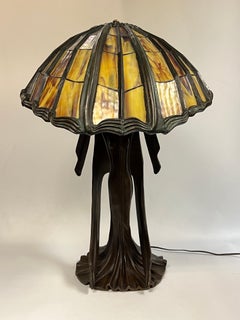 Art Deco Bronze Stained Glass Table Lamp After Peter Behrens