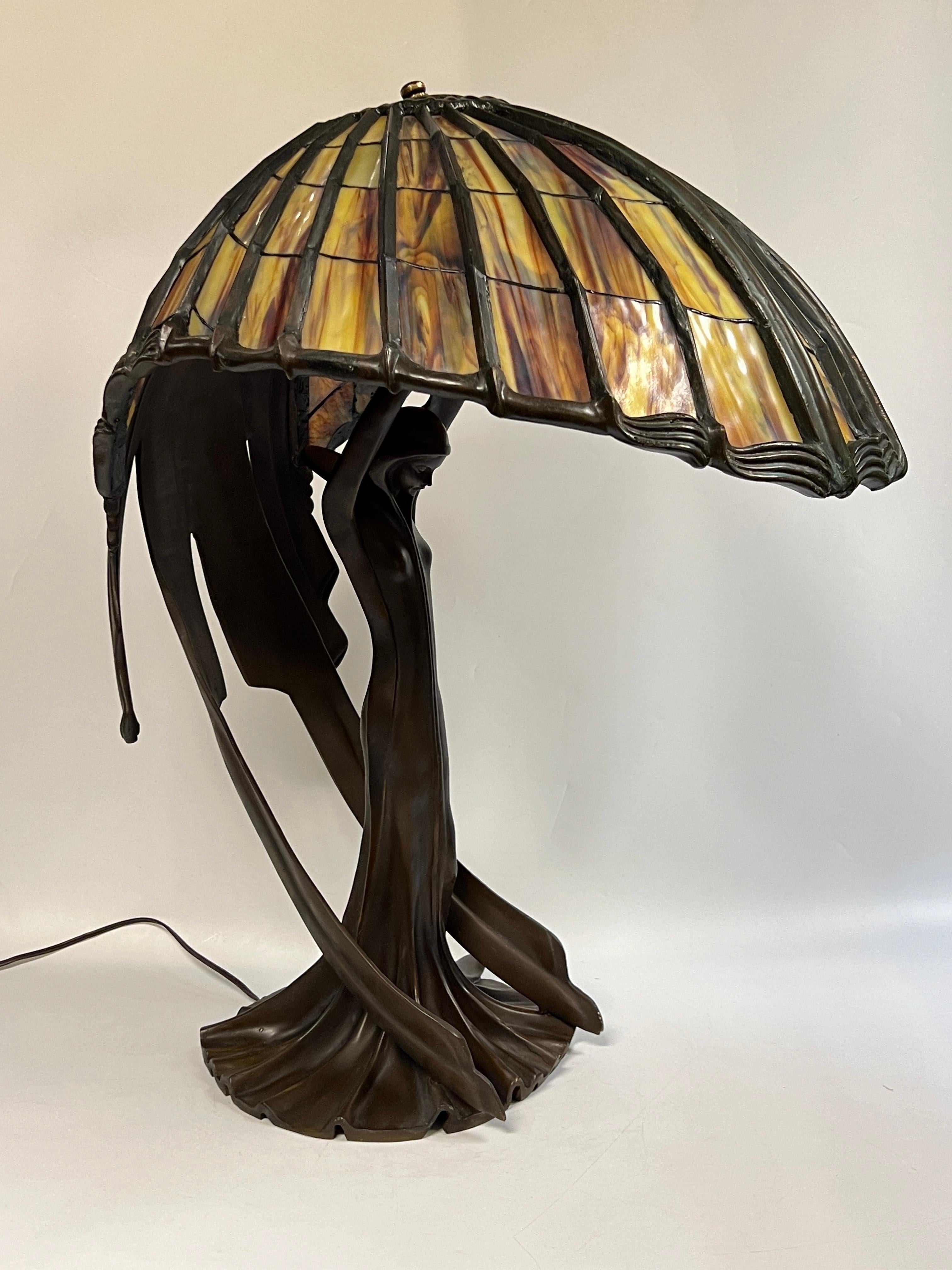 Patinated Art Deco Bronze Stained Glass Table Lamp After Peter Behrens