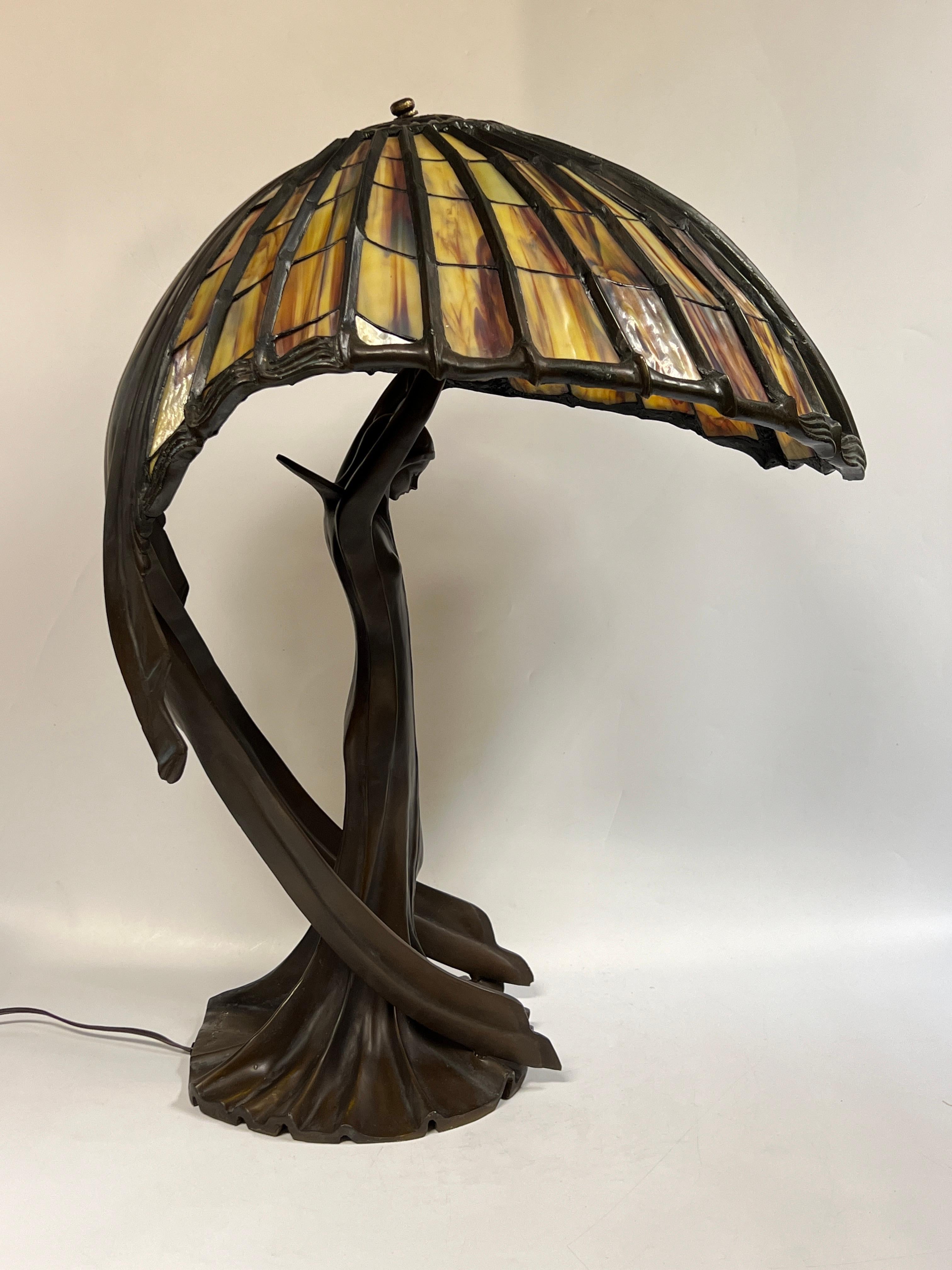 Art Deco Bronze Stained Glass Table Lamp After Peter Behrens In Good Condition In New York, NY