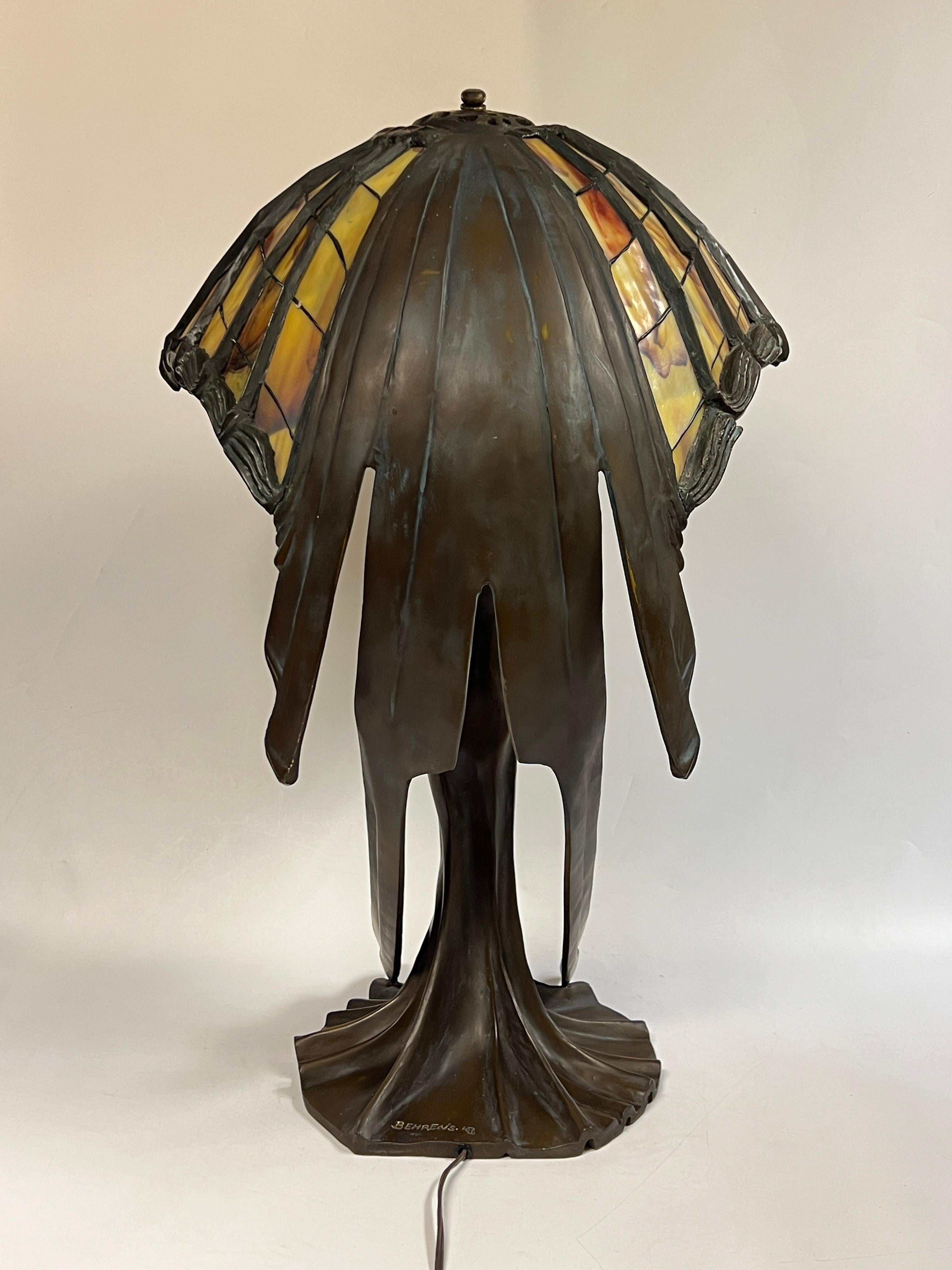 20th Century Art Deco Bronze Stained Glass Table Lamp After Peter Behrens