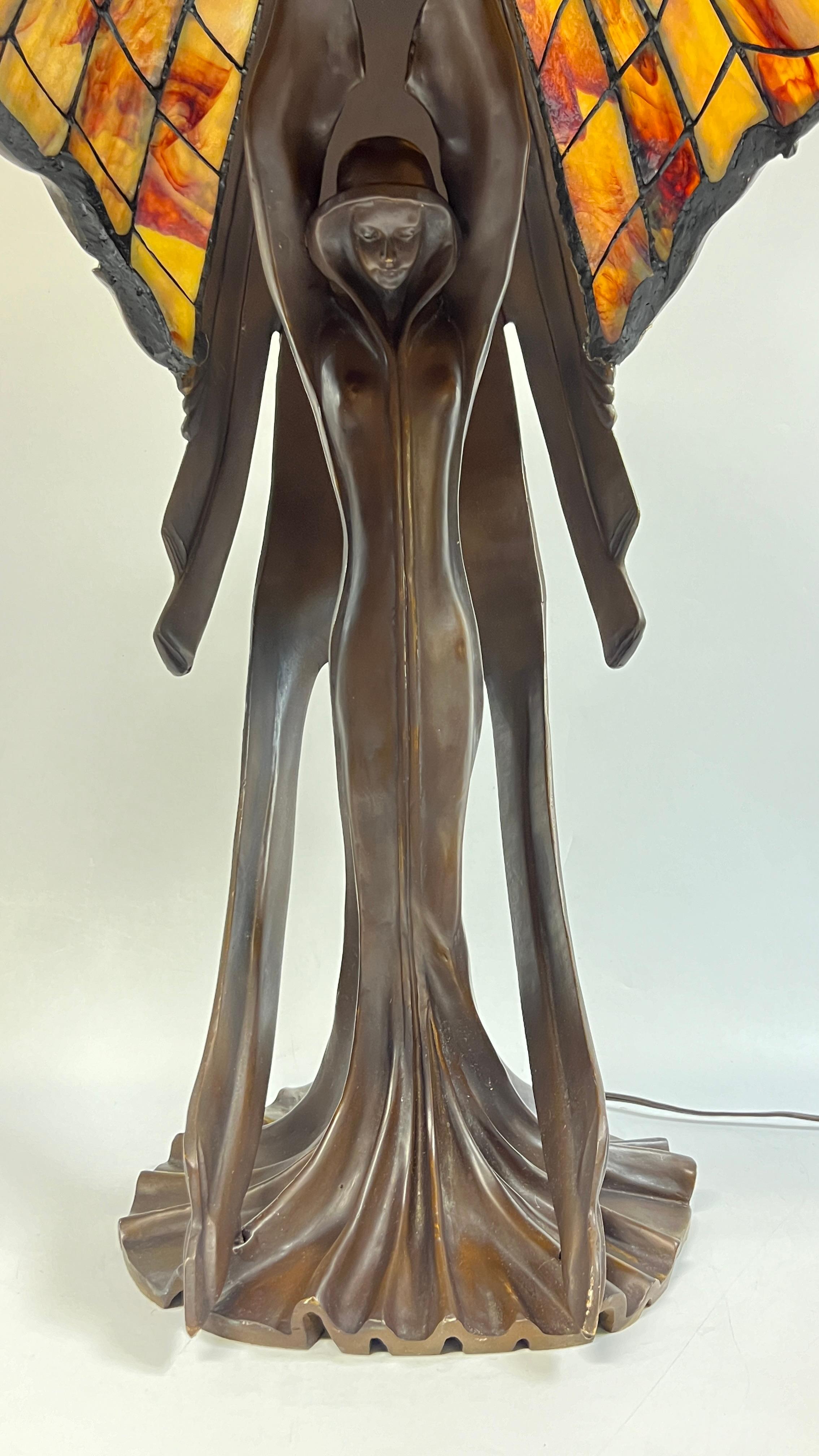 Art Deco Bronze Stained Glass Table Lamp After Peter Behrens 1