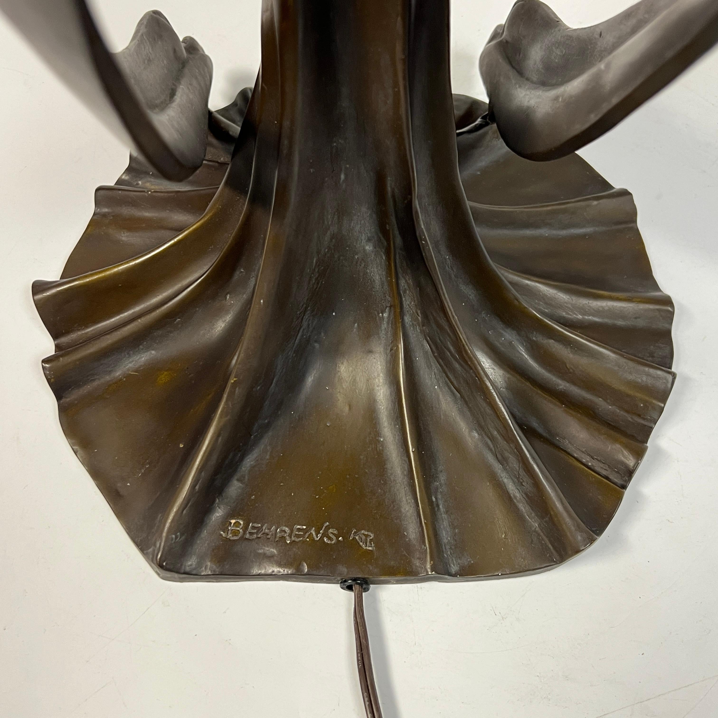 Art Deco Bronze Stained Glass Table Lamp After Peter Behrens 3